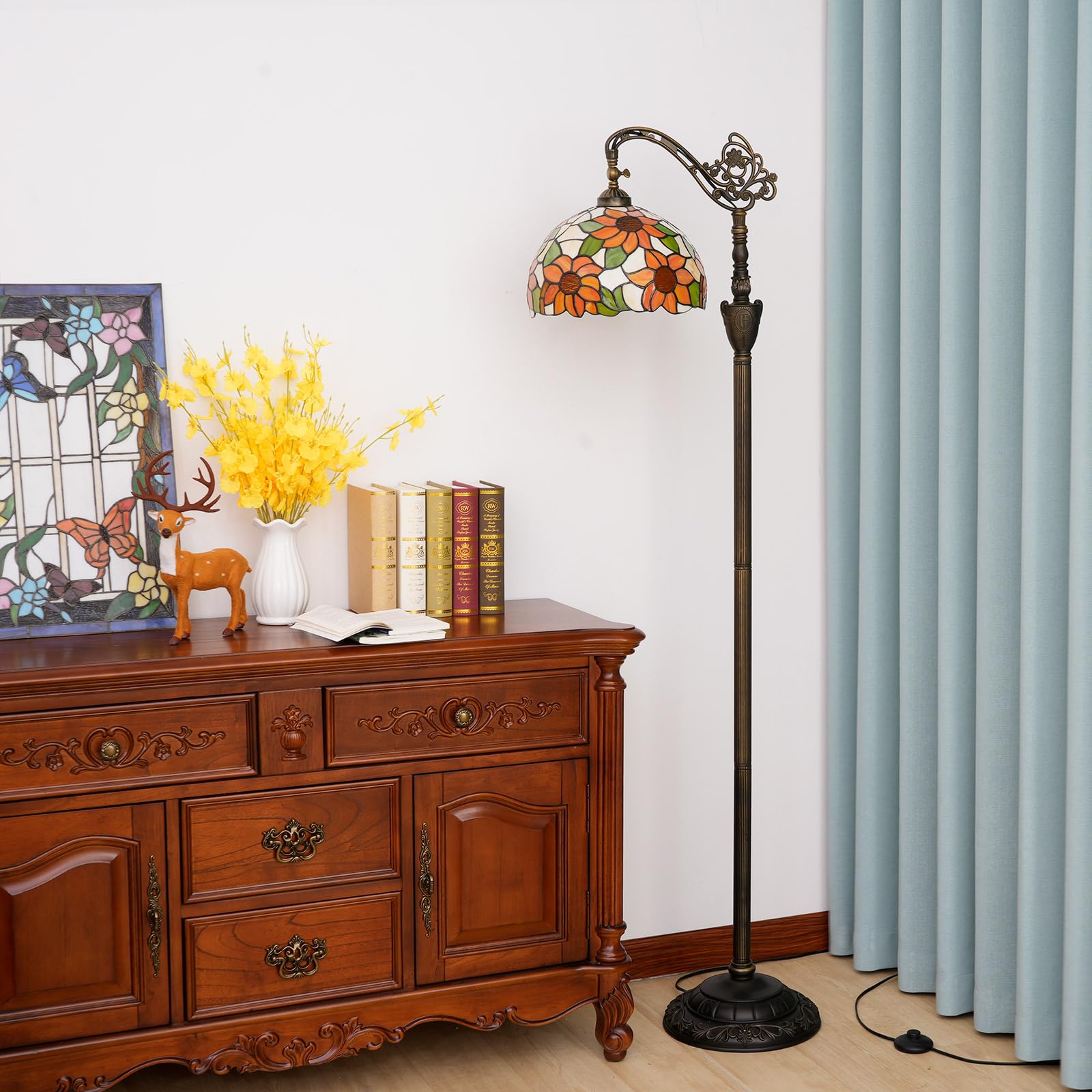 Blivuself Tiffany Floor Lamp - Yellow Sunflower Stained Glass, Adjustable Gooseneck, Foot Switch, Bulb Included, Model F12OFX015E