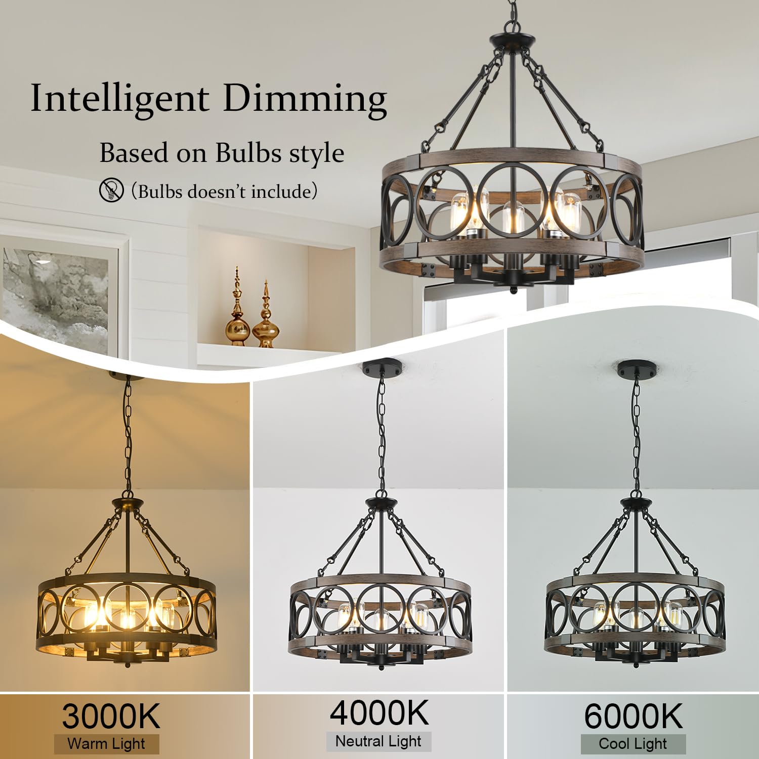 SHIANDAR 5-Light Flush Mount Ceiling Light, Height Adjustable Rustic Black Chandelier, Model MYX-005-TYdk-mwBKmLT-5L