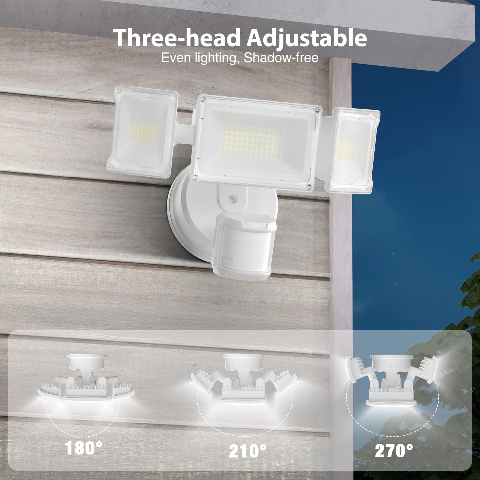 Olafus 65W LED Flood Light with Motion Sensor, 6000LM, IP65 Waterproof, 3-Head Security Light, White, Model BDB55G-3