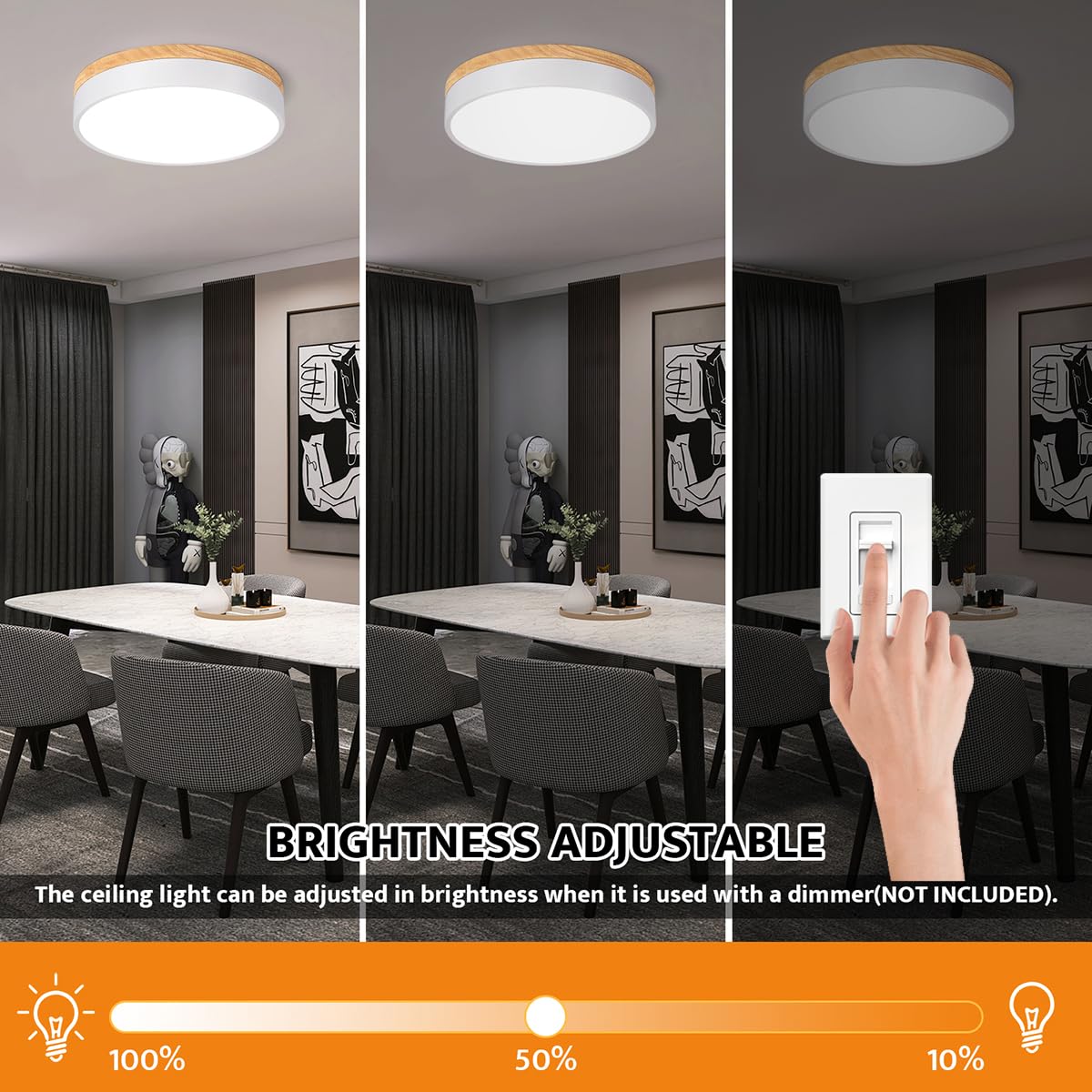 Yiisem Dimmable Wood LED Flush Mount Ceiling Light, 11.8in Modern, 5CCT 2700K-6000K, White Finish, Model 2022052404