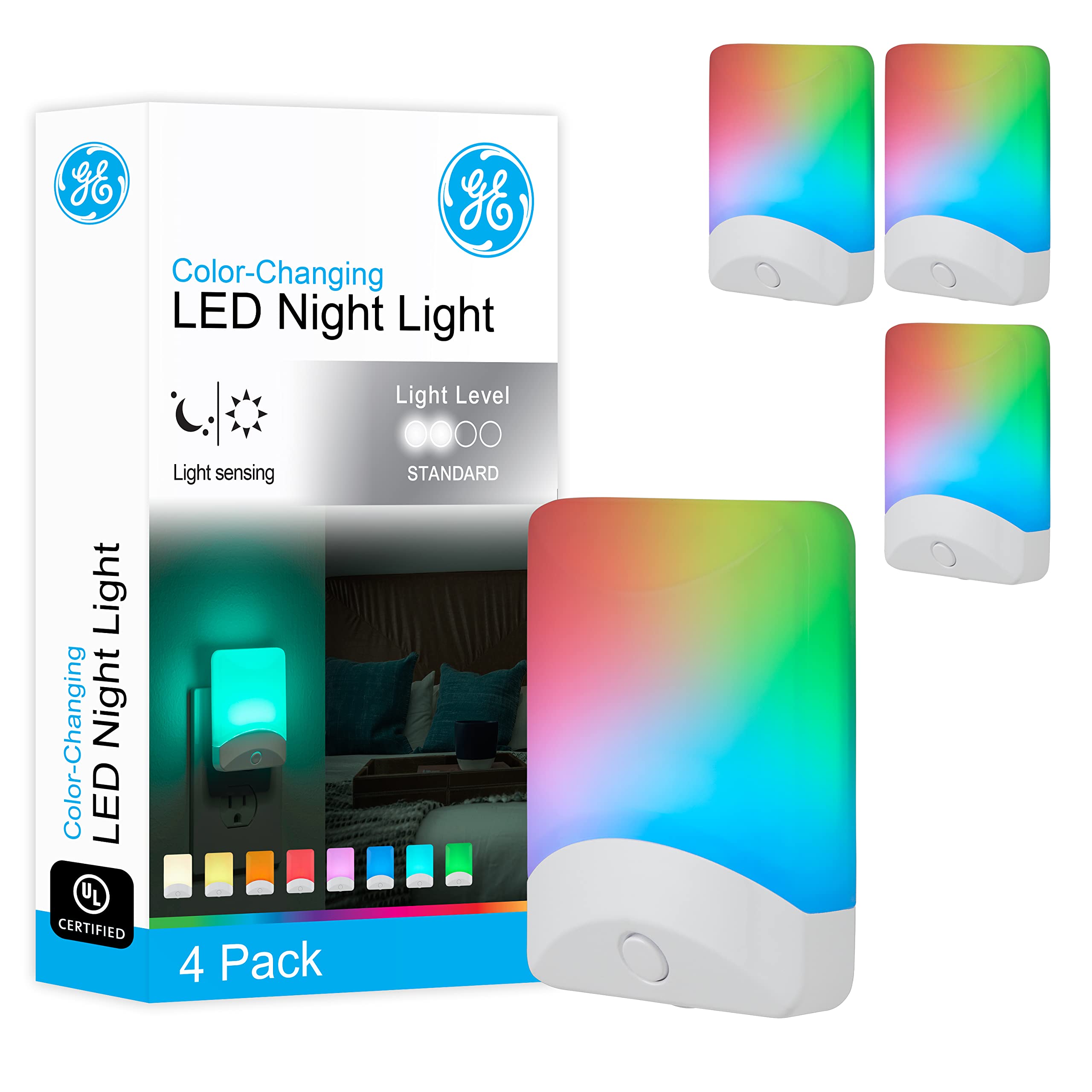 Ge Color-Changing Led Night Light, Plug Into Wall, Dusk To Dawn Sensor, 8 Vibrant Colors, Ambient Lighting, Kids Adults Bedroom,