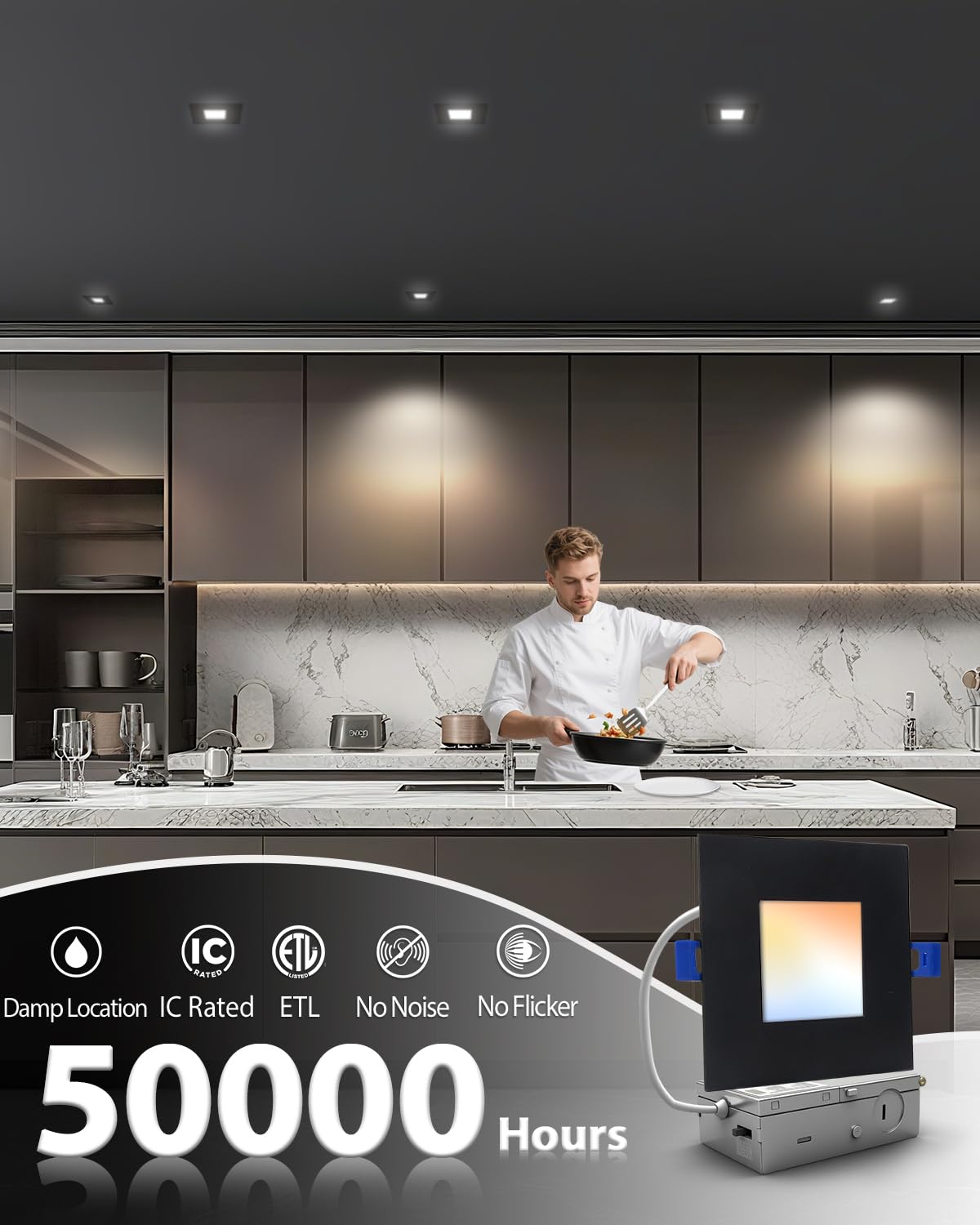 Adetu 4 Inch Square Led Recessed Lighting Black 5Cct Ultra Thin Square Led Ceiling Light With Junction Box 2700K-5000K  10W 860Lm Can-reduceer Wafer Downlight Etl And Energy Star Certified