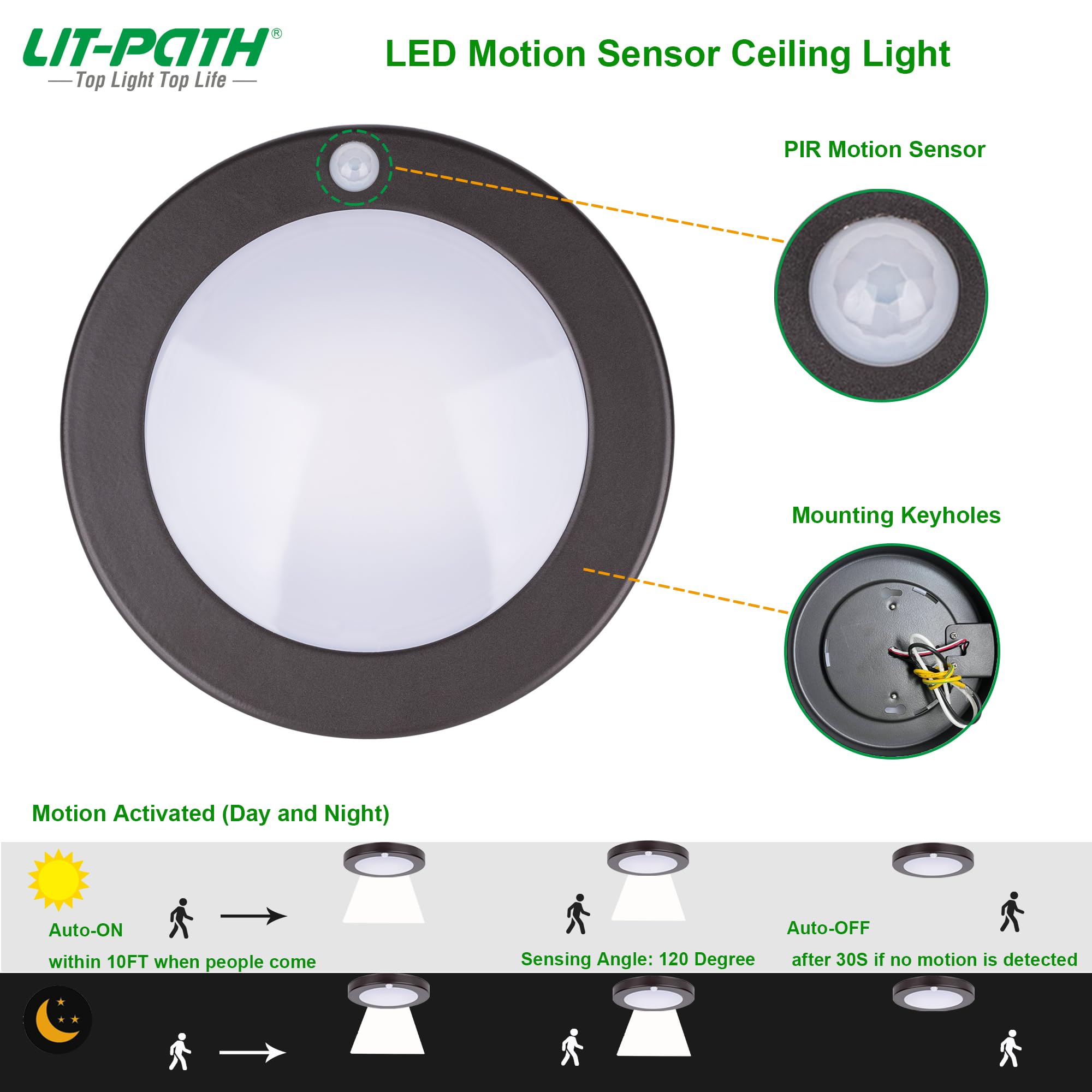 LIT-PaTH LED Flush Mount Ceiling Light with Motion Sensor, 10.5W, 700 Lumen, 2-Pack, Bronze Finish, Model LT-FMS00650K-BR