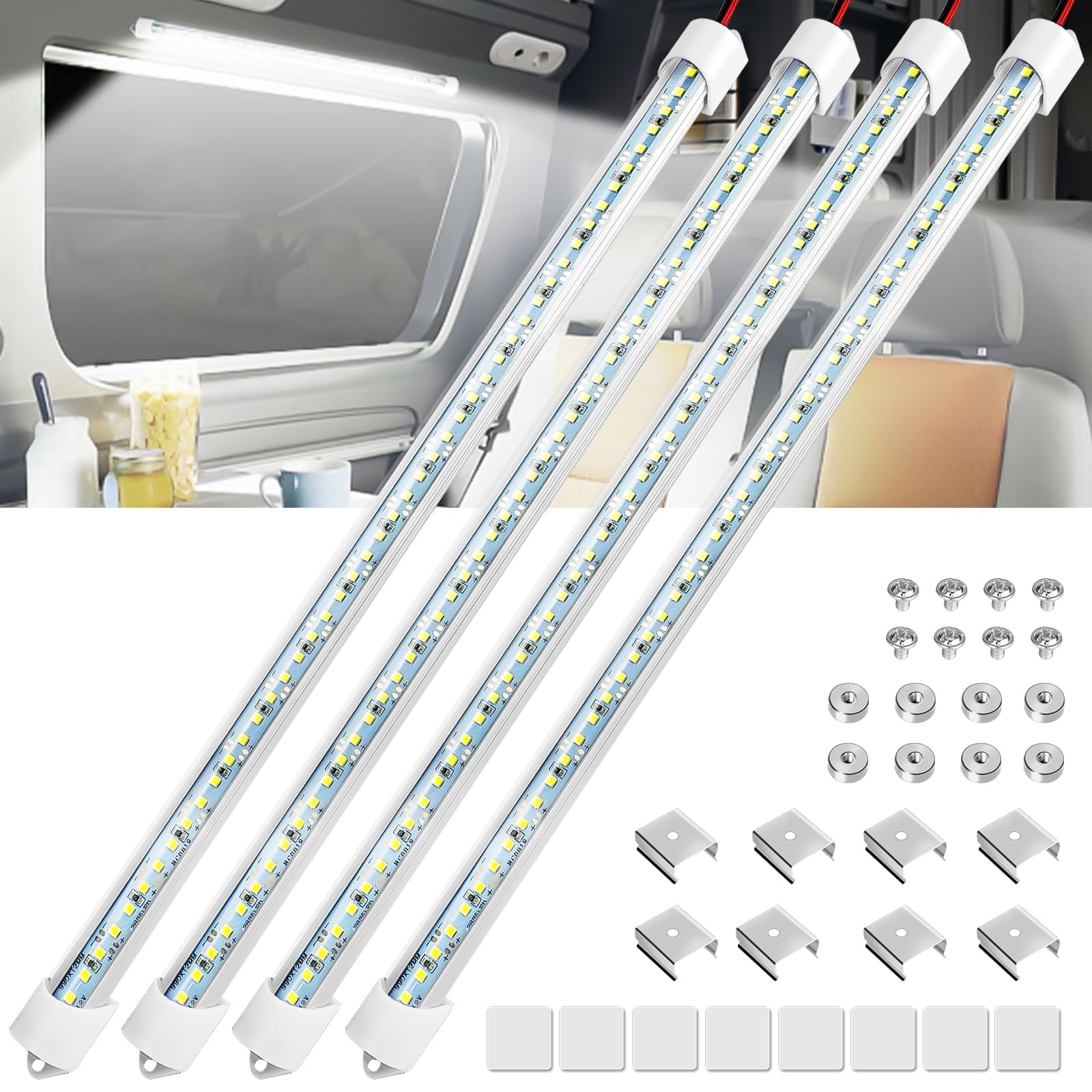 Linkstyle 4Pcs 12V Led Interior Light Bar, 192Leds 12V Led Light Strip With Switch, 6500K Slim Car Interior Lights For Car Truck