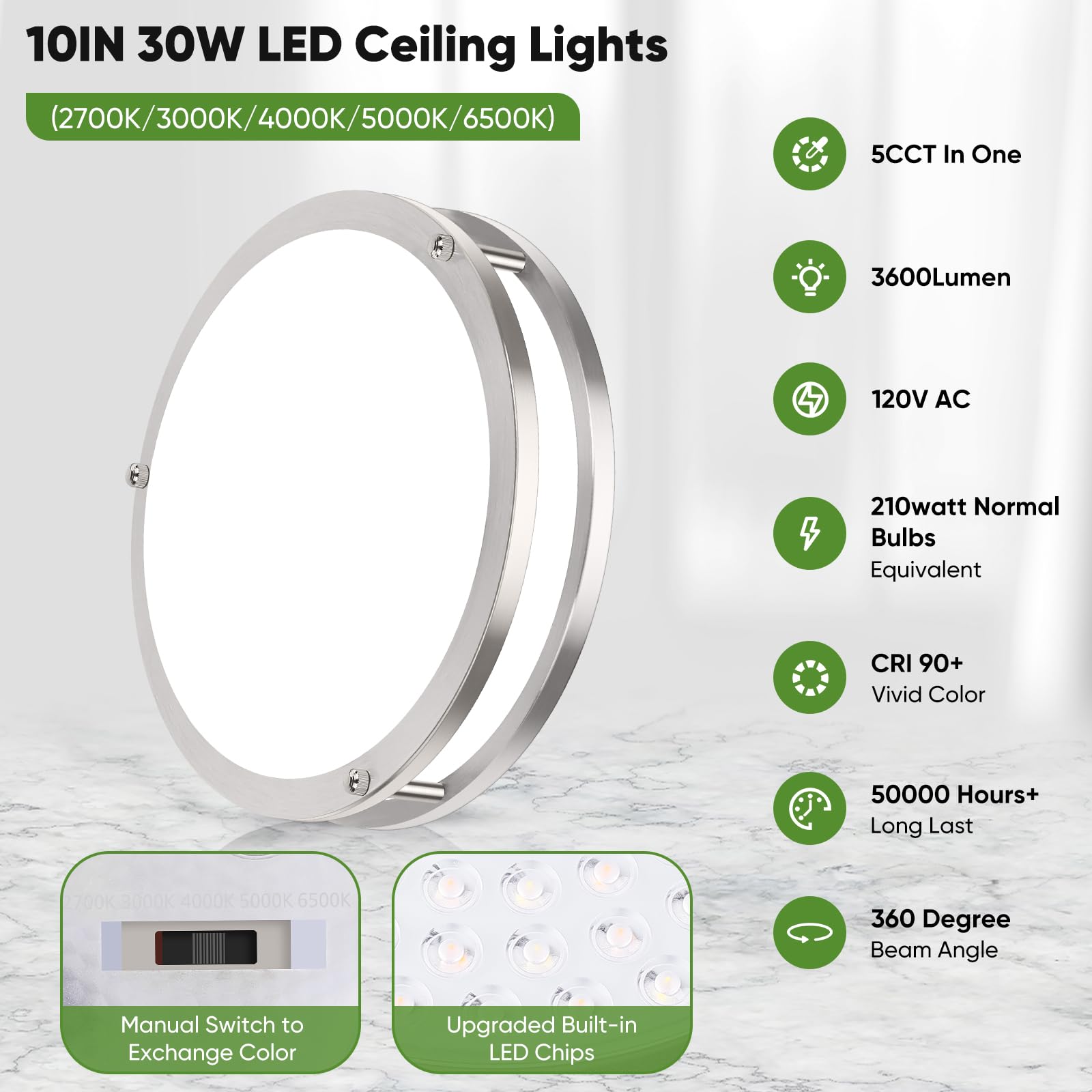TOBUSA 10 Inch LED Flush Mount Ceiling Light, Dimmable, 5 Color Options, Brushed Nickle, Model 62425008-03