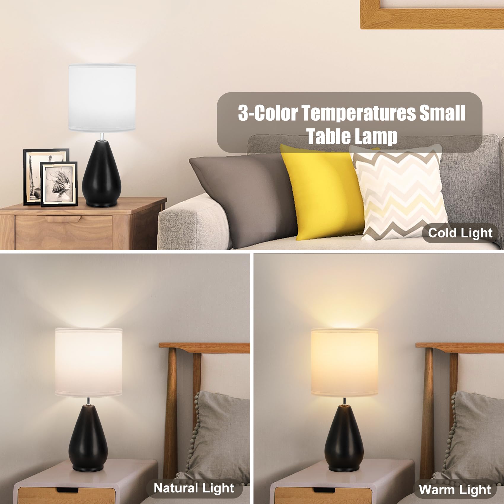 Yacoto Ceramic Table Lamps Set Of 2, Small Black Bedside Lamps For Bedroom Modern Nightstand With 3 Color Temperatures For Livin