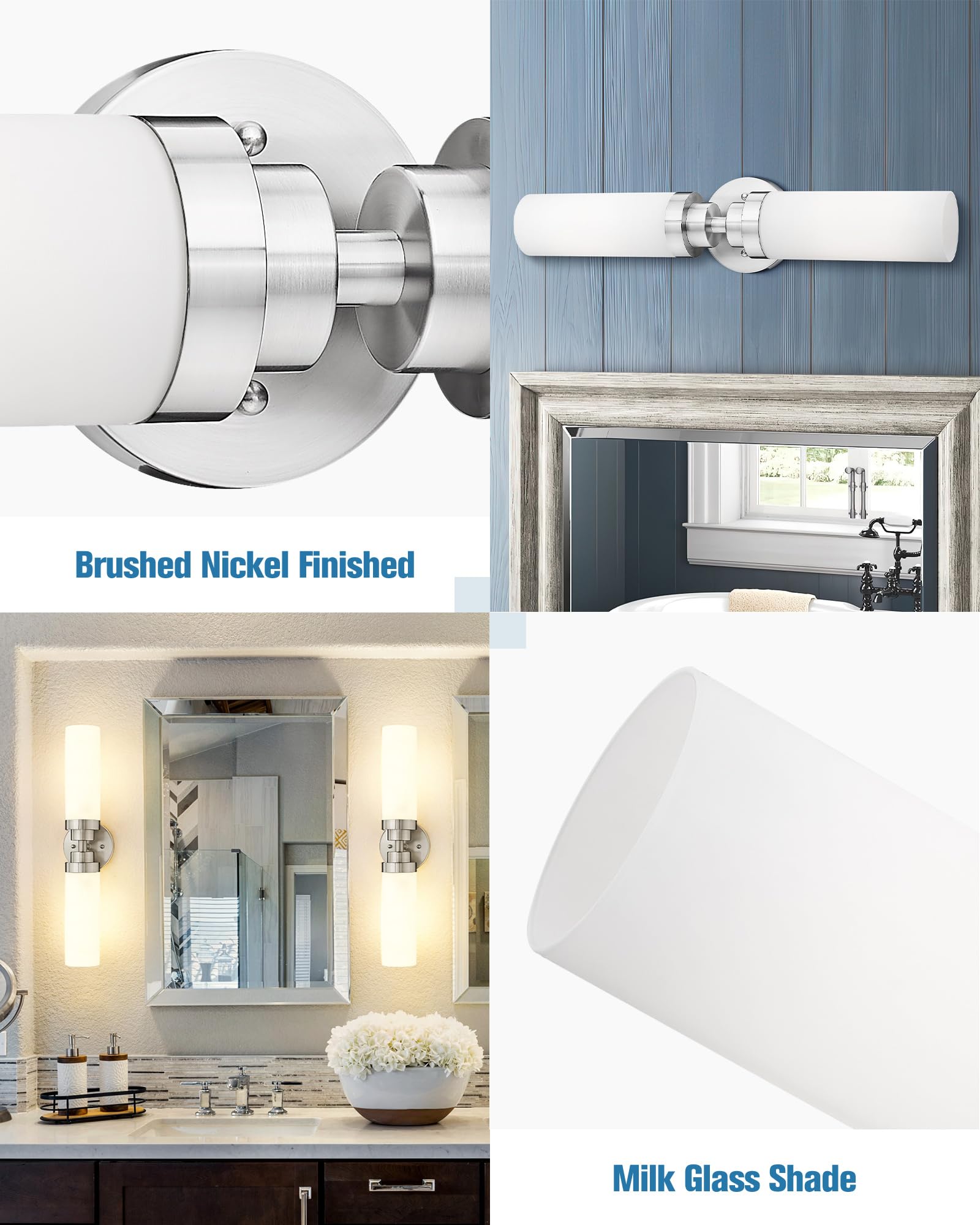 Emak 2-Light Bathroom Vanity Light Fixtures, 22" Brushed Nickel & Milk Glass, Model VL085-BN-ML-2, Ideal for Indoor Use