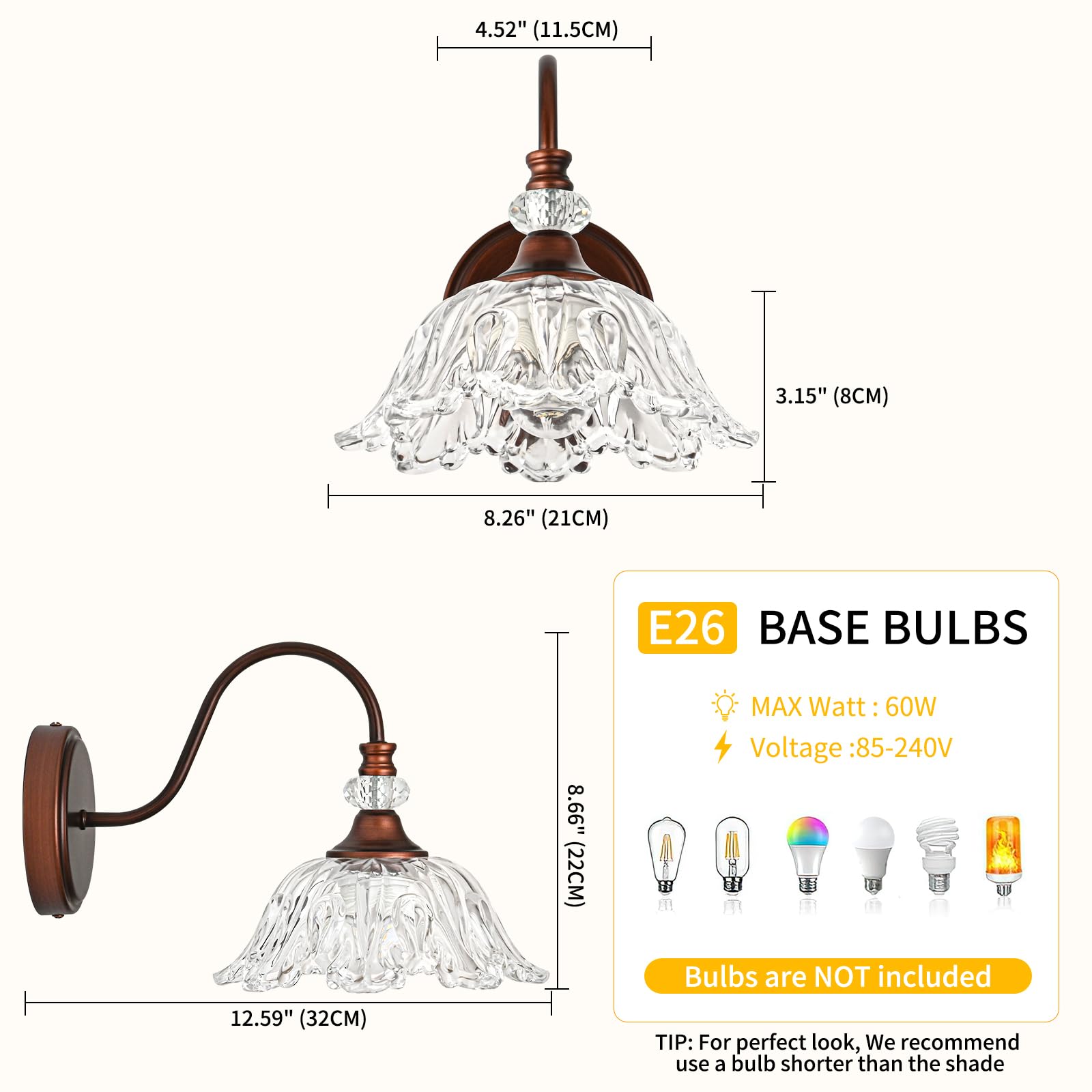 sunkryster 1-Light Oil-Rubbed Bronze Vintage Wall Sconce with Floral Glass Shade, Farmhouse Bathroom Vanity Light, Model Sun-104AB-1-ORB