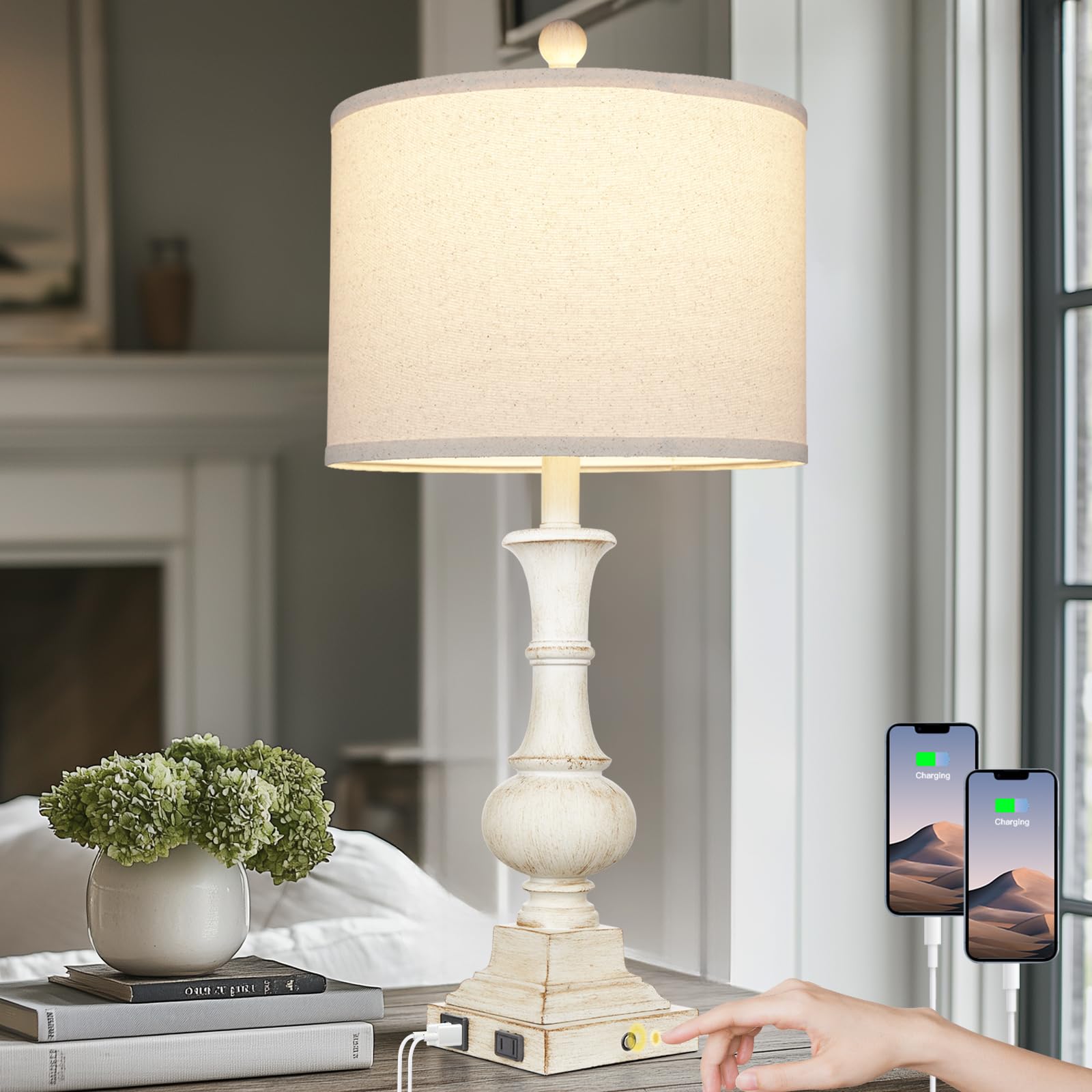26'' Farmhouse Table Lamp, Vintage Rustic Touch Control Bedside Lamp with 2 USB Ports & AC Outlet, Boho Resin 3-Way Dimmable Nig