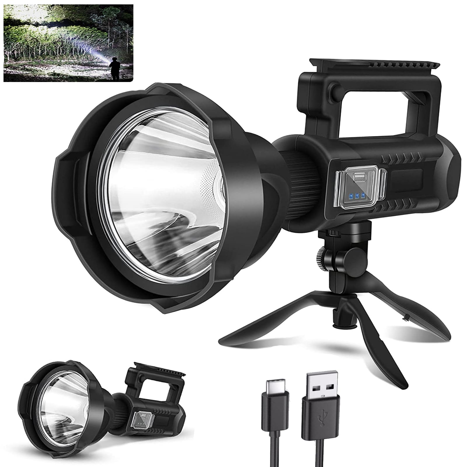 Sogidon Rechargeable Spotlight 2,000,000 Lumens LED Flashlight, IPX5 Waterproof, Large, Black, Model 01