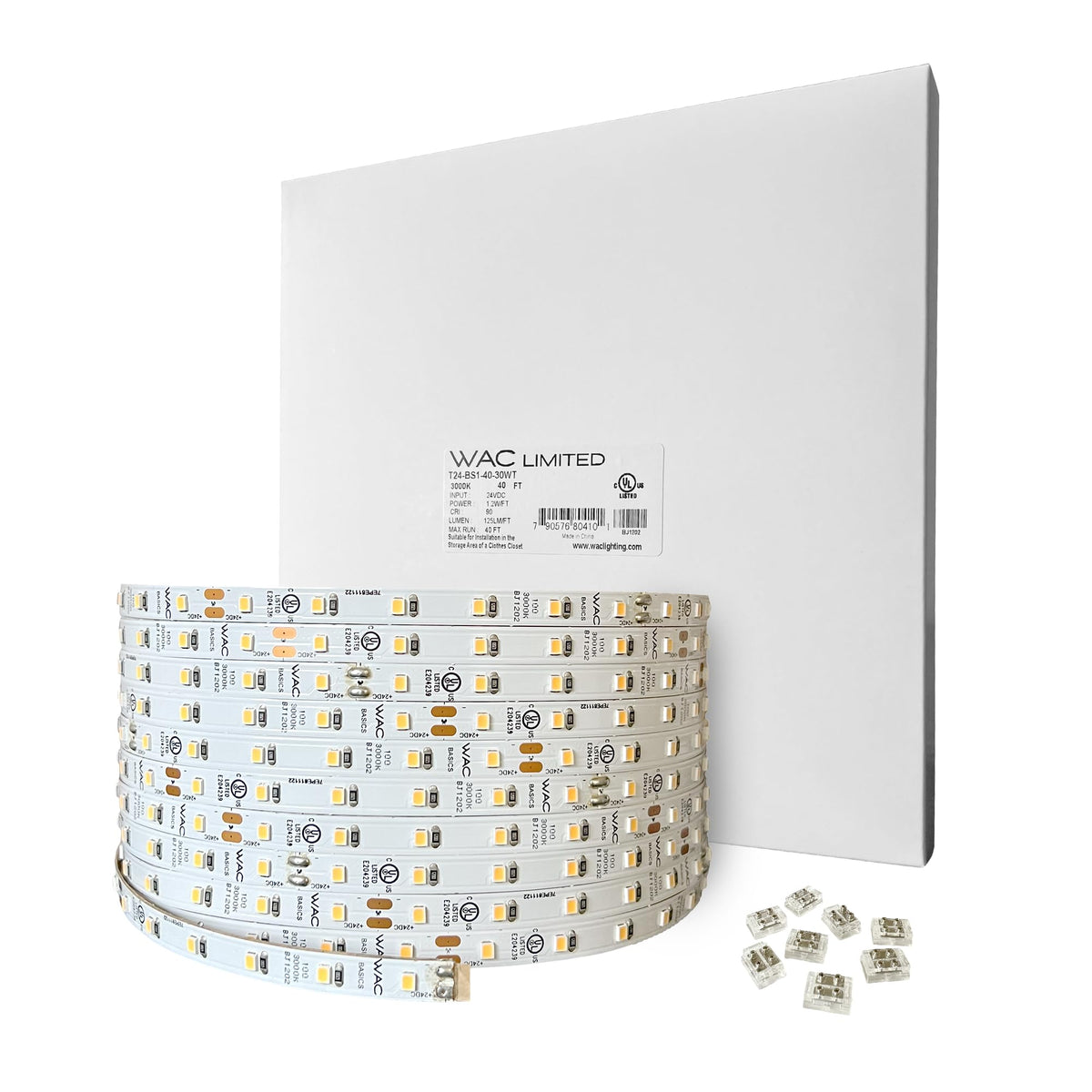 WAC Lighting T24-BS1-40-30WT, Basics 24VDC LED Tape Light 3000K 1.2W per Foot 40ft Reel Field Cuttable Every 2in Fully Dimmable 