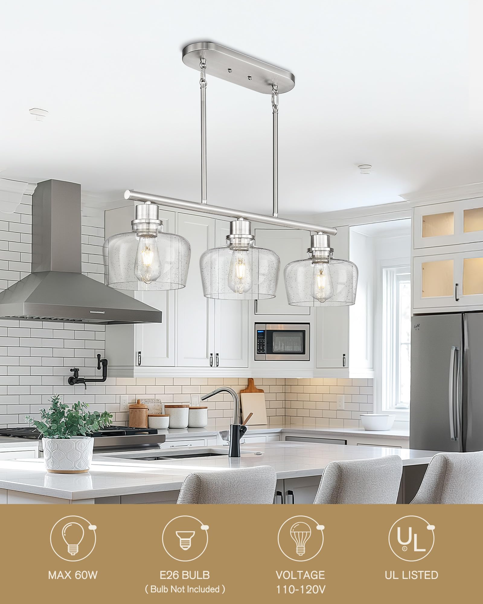 Emak 32 Inch Dining Room Light Fixtures Over Table, Brushed Nickel Kitchen Island Lighting With Seeded Glass Shade, 3-Light Line