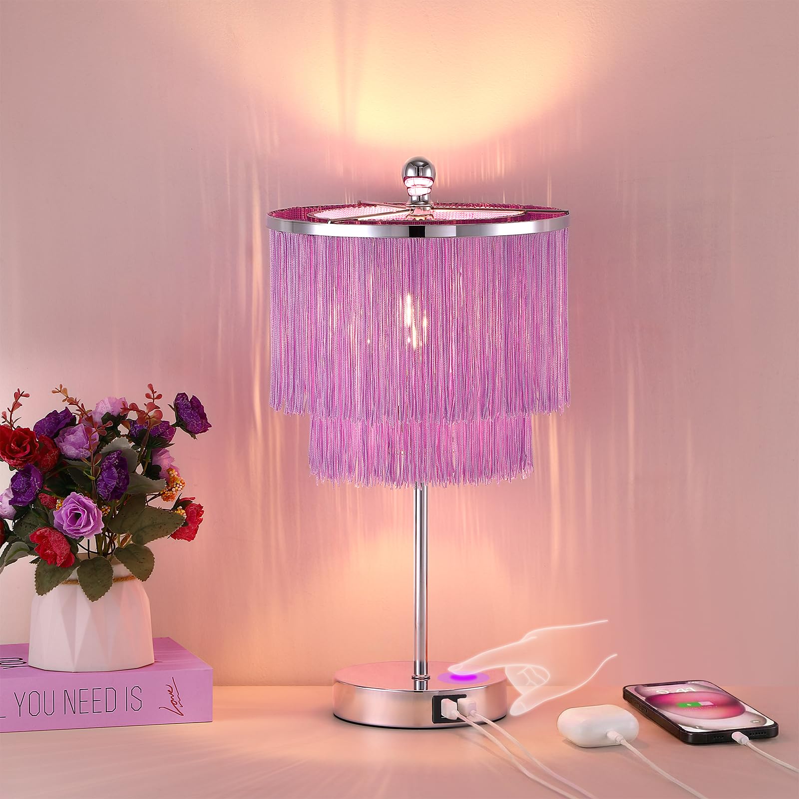 Lovlast Girls Table Lamp with Tassel Lampshade  3 Way Dimmable Touch Bedside Purple Lamp with USB C + A Ports  Lavender Nightstand Lamp for Girls Bedroom  Living Room  Office  LED Bulb Included