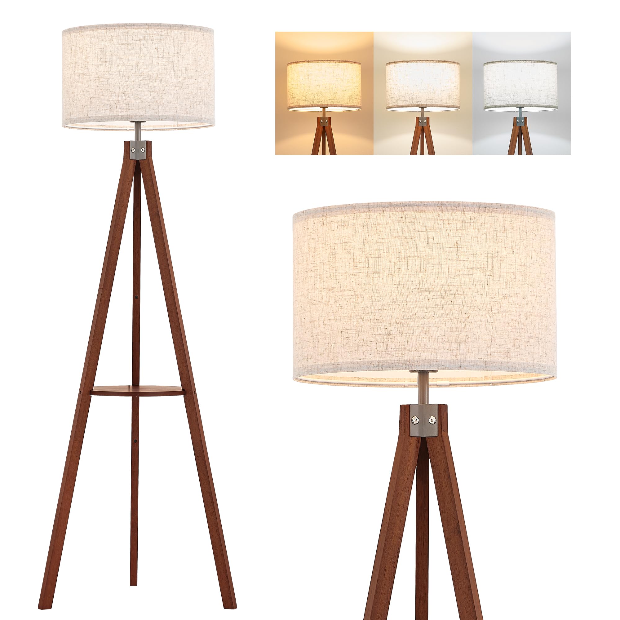 ELYONA Tripod Floor Lamp with Shelves, 3 Color Temperatures LED Modern Wood Table Reading Standing Light, Wooden Shelf Floor Lam