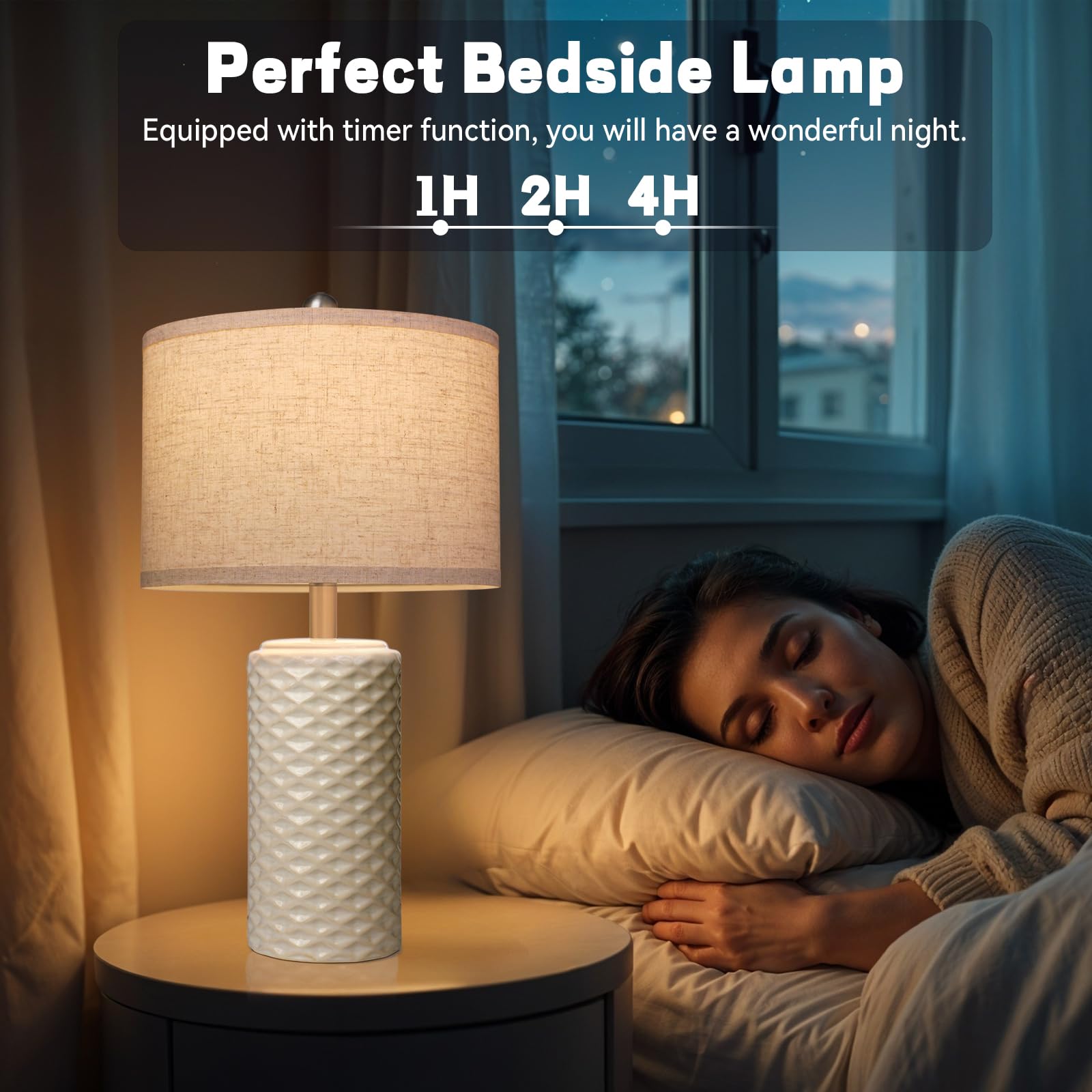 FINCMY 23in Dimmable Ceramic Table Lamps Set of 2, Beige, LED Bulb Included, Modern Farmhouse Design for Bedroom and Living Room
