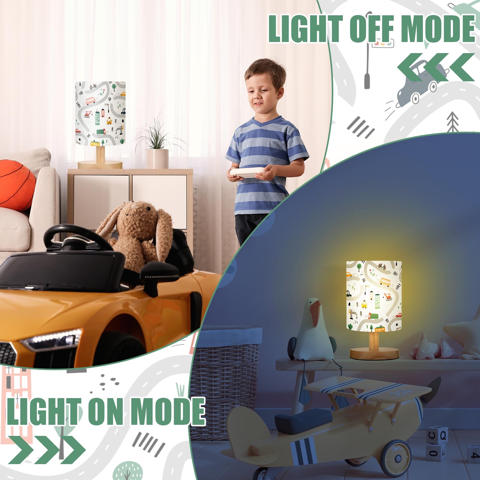 Vihose Transportation Kids Table Lamp For Bedroom Kids Bedside Lamp With Linen Wooden Nightstand Cartoon Nursery Decor Lampshade