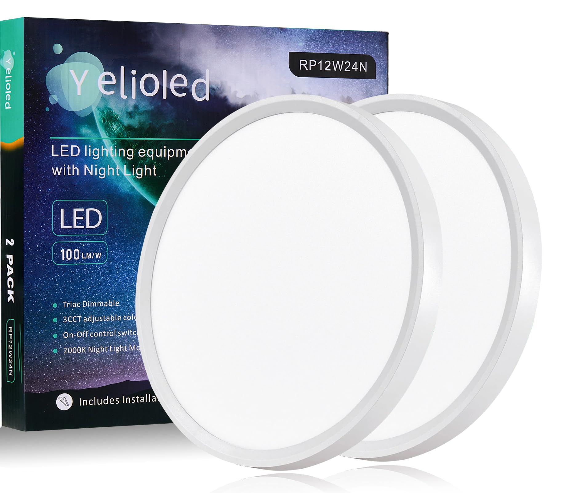 Yelioled Yeliold 12 Inch Led Flush Mount Ceiling Light Fixture With Night Light, 24W 2400Lm, 3000K/4000K/5000K 3Cct Selectable, 