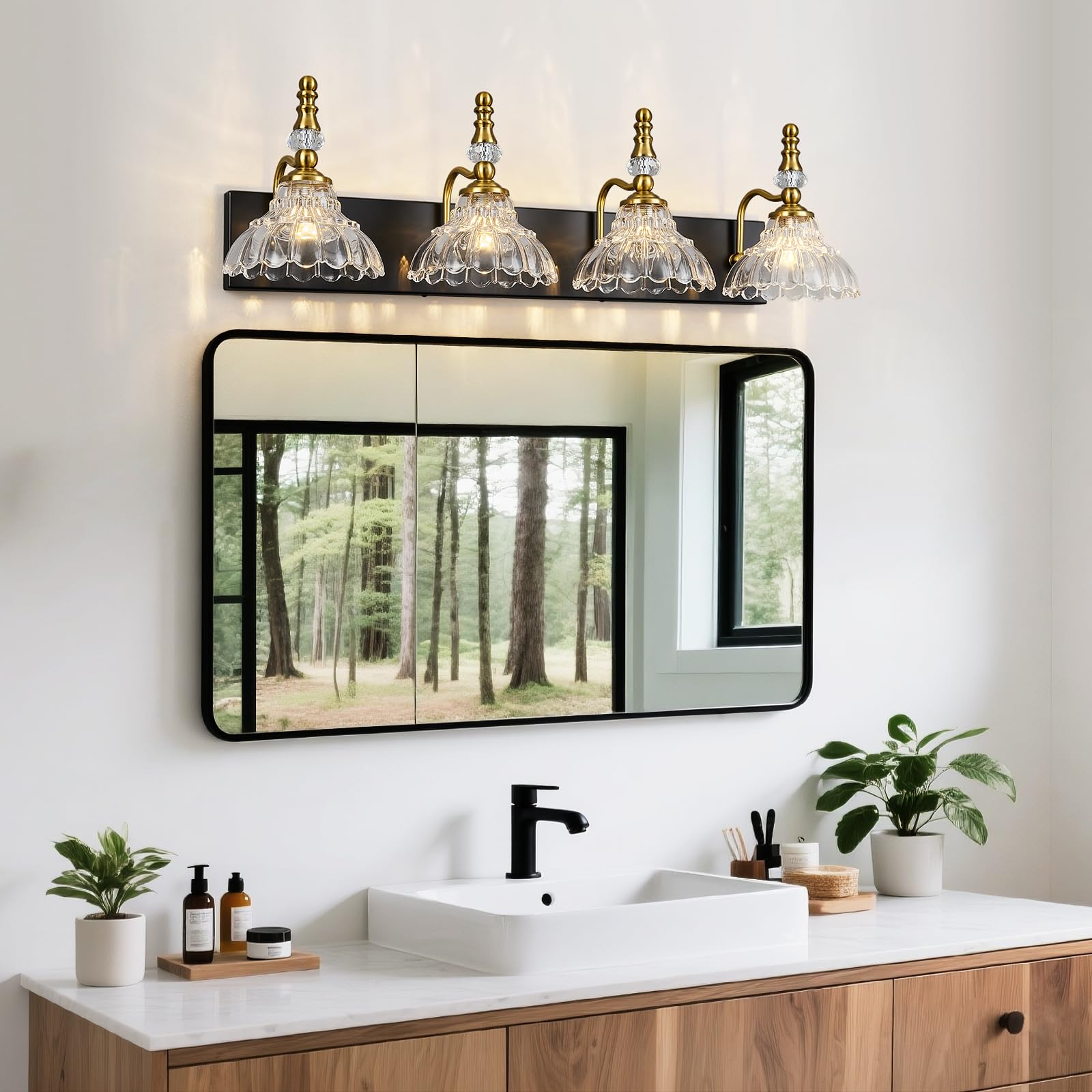 Lbsqj Vintage Bathroom Vanity Light  4-Light Black Gold Vanity Lighting Fixture With Flower Glass Shade  Bathroom Lighting Fixtures Over Mirror