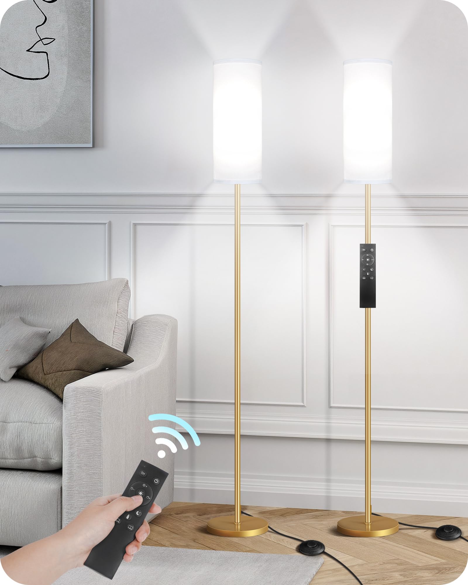 GOEBLESON Set of 2 Dimmable Floor Lamps for Living Room with 2 Remotes and Foot Switch, 64.4   Modern Standing Lamp, Corner Lamp