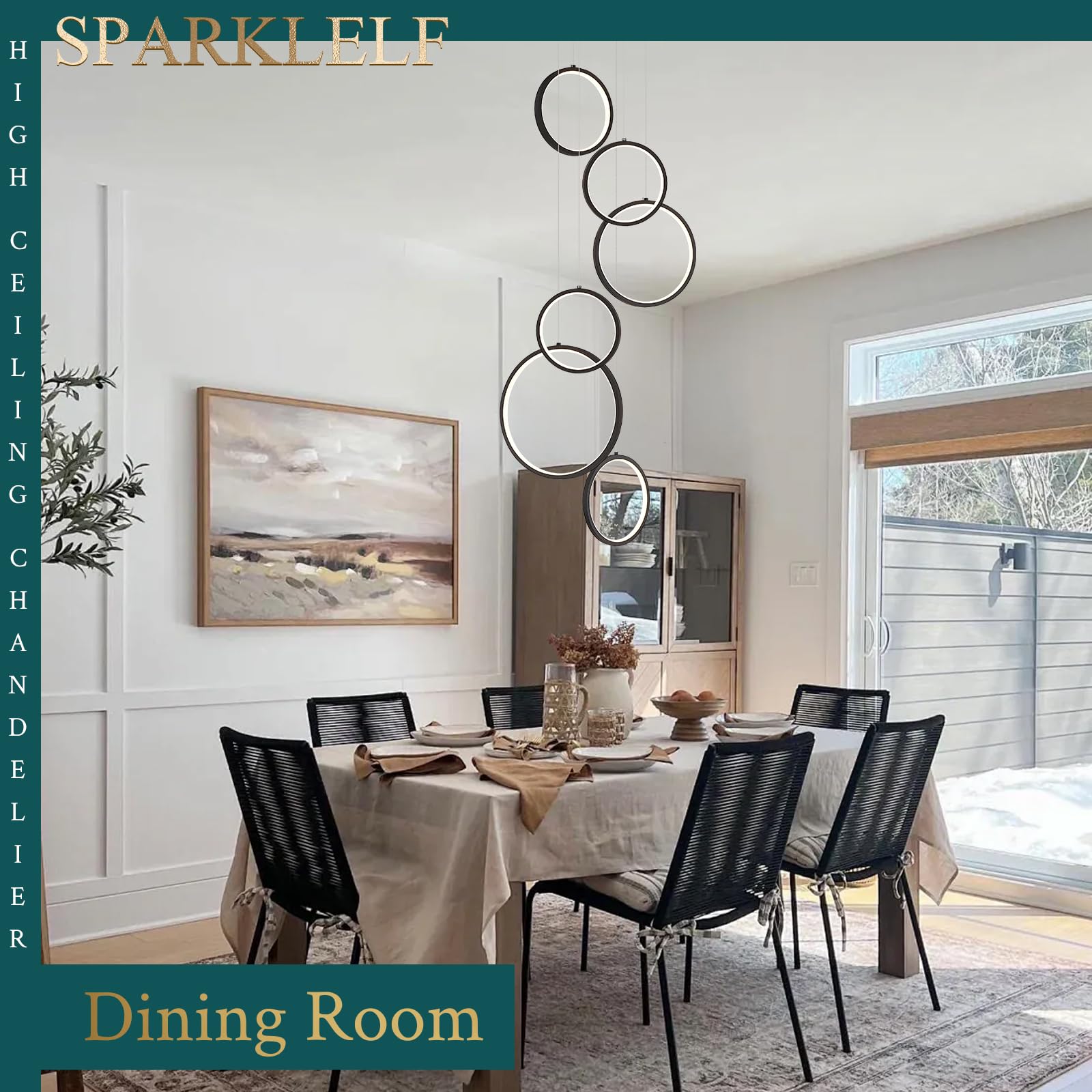 Sparklelf 6 Rings Modern Led Chandelier For High Ceiling Dimmable Black Contemporary Pendant Light Fixture Long Foyer Chandelier