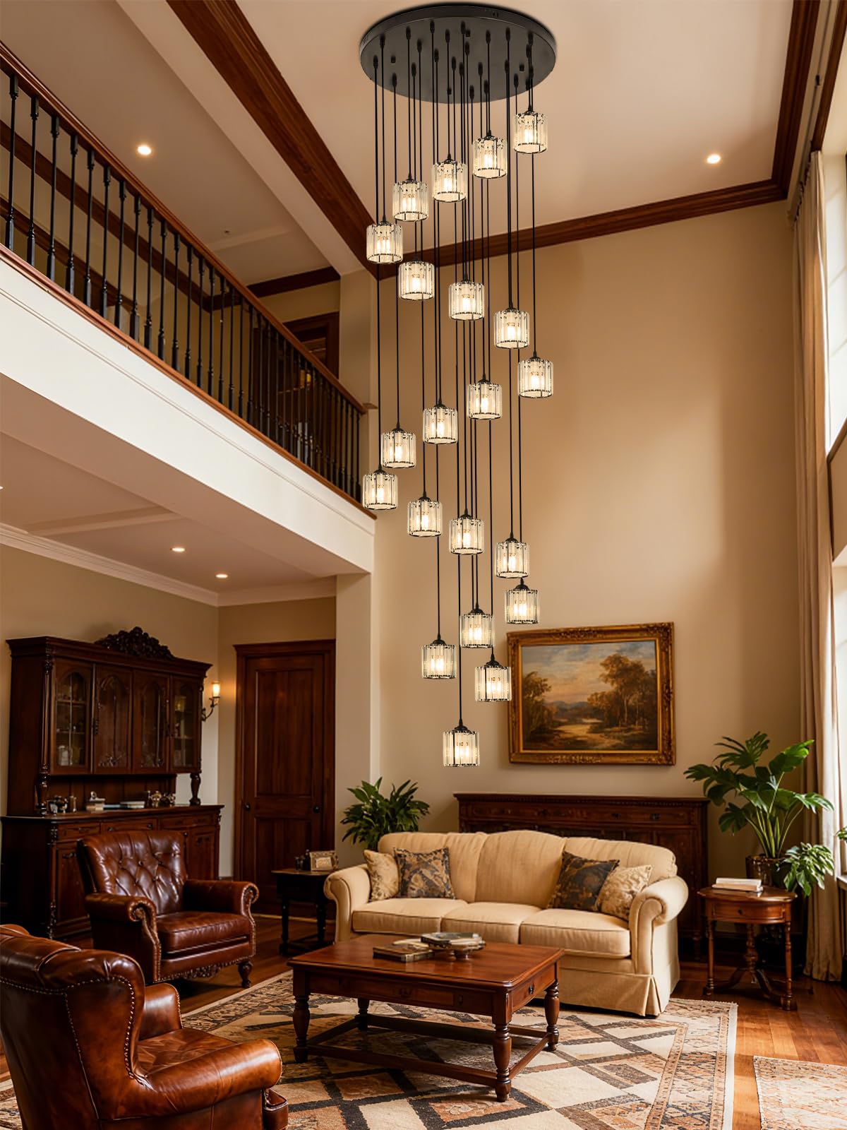 Meimond Modern Crystal Pendant Light - 21 Lights Raindrop Chandelier for High Ceilings, Black Metal, Model LTD-10