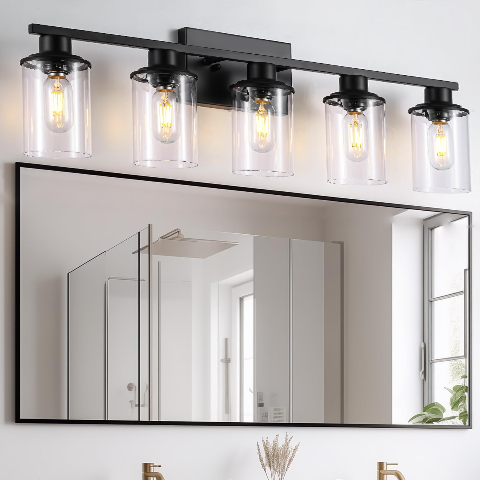 Lousace 5 Light Bathroom Vanity Light, Matte Black Bathroom Light Fixtures, Modern Bathroom Lights Over Mirror With Clear Glass Shade, Wall Sconce Lighting For Bathroom Bedroom Living Room