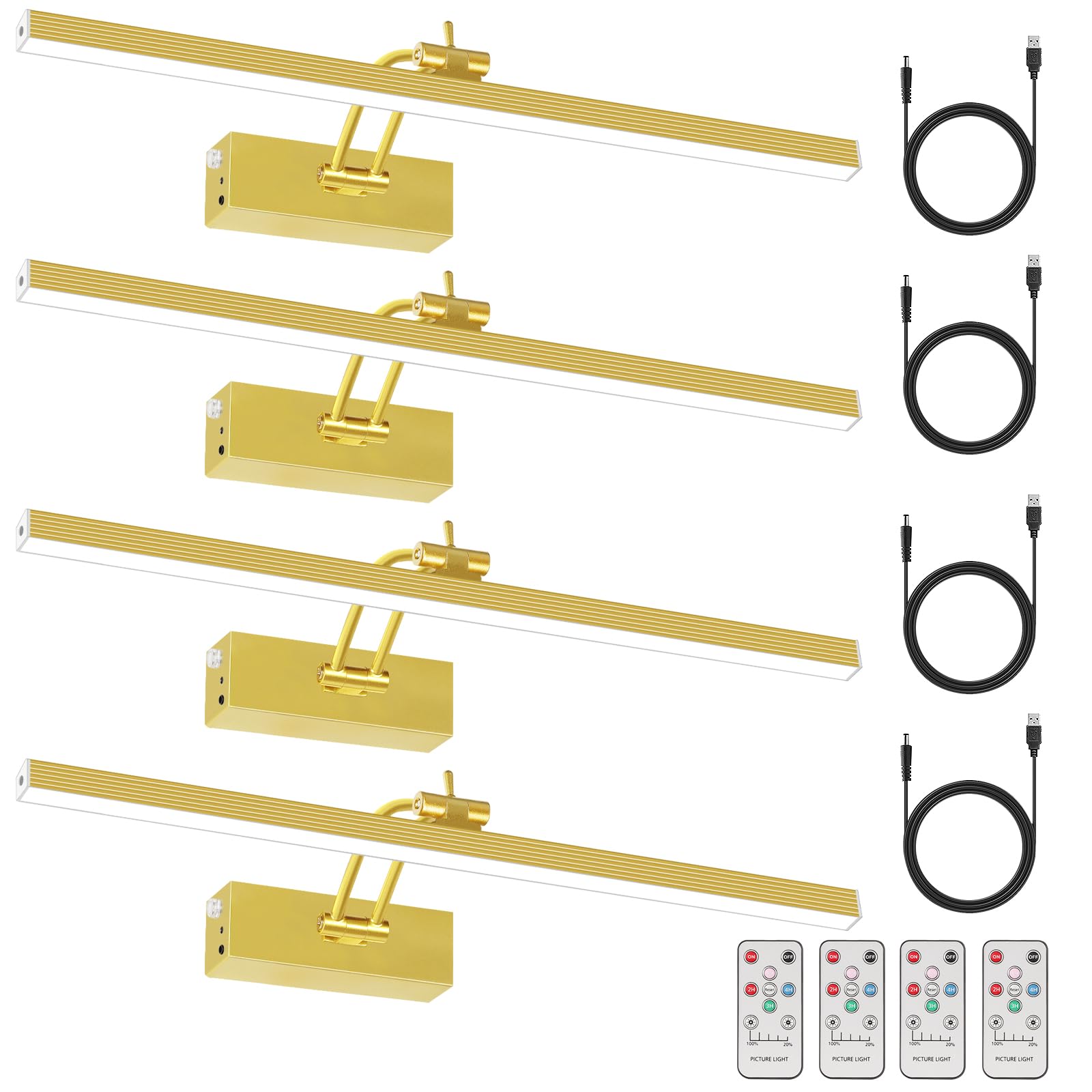 4Pack Rechargeable Picture Light, 5200mAh Brass Battery Operated Picture Lights for Wall with Remote Control, 300LM 3000K Warm W
