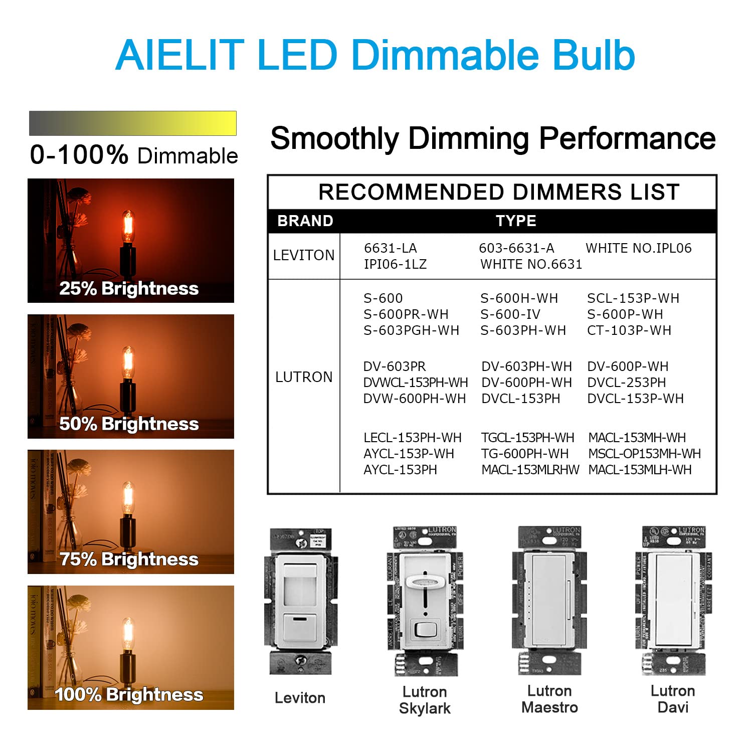 Aielit Led Light Bulbs Dimmable 60-Watt Equivalent, E12 Small Candelabra Base, Tubular Warm White 2700K, 600 Lumens, 6W T8 Antiq