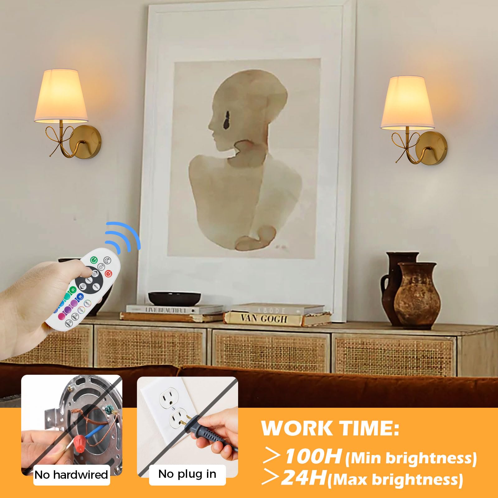 PASSICA DECOR Bow Wireless Wall Sconce Set of 2, Dimmable LED, Rechargeable, 15 Colors, Polished Gold, Battery Operated, Model U729-03-DP