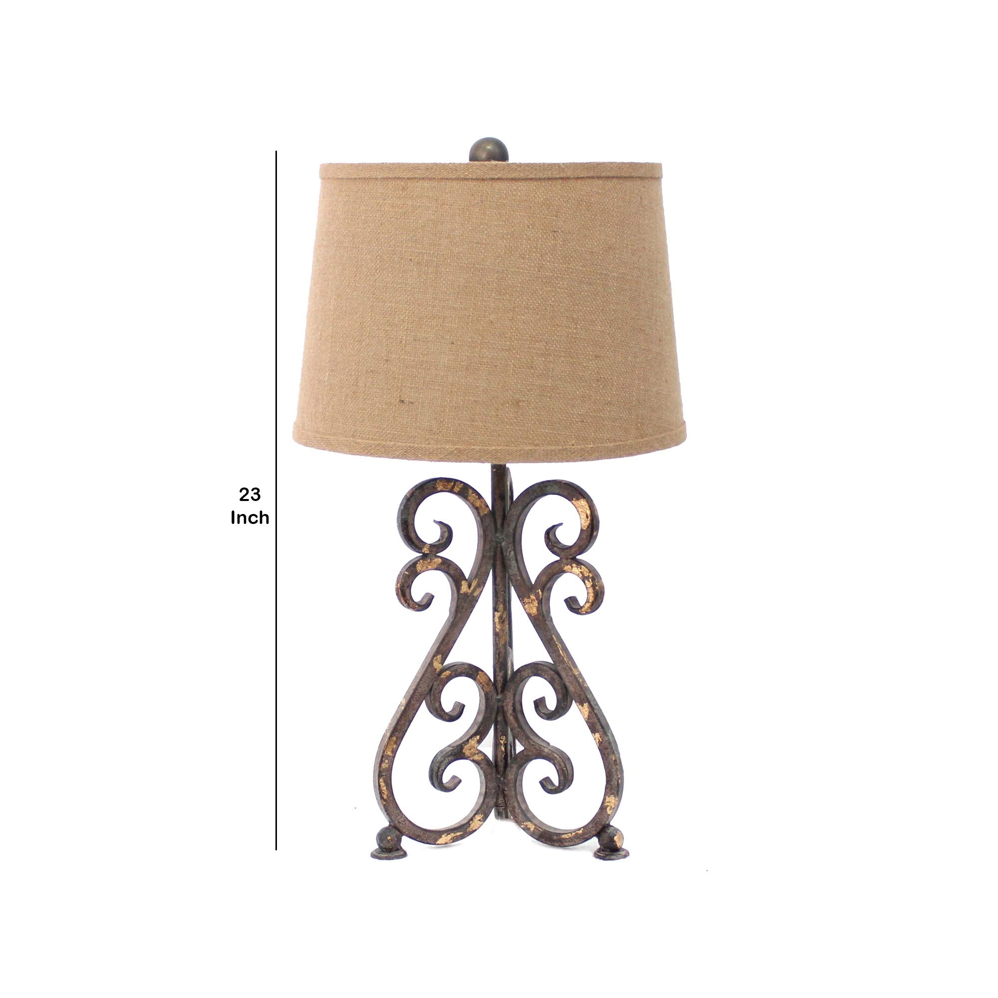 Benjara Bm217252 Metal Table Lamp With Scroll Design Base & 2 Way Switch Bronze & Beige - 23 X 6 X 8 In.