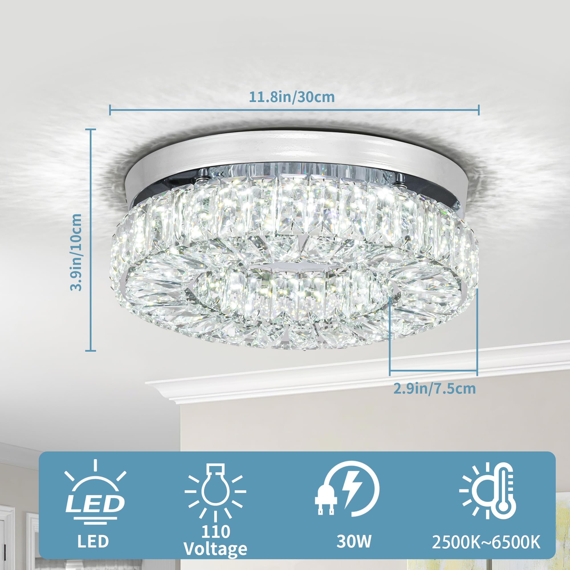 Homlaiting 11.8” Dimmable Crystal Flush Mount Chandelier Light For Bedroom, Kitchen, Living Room