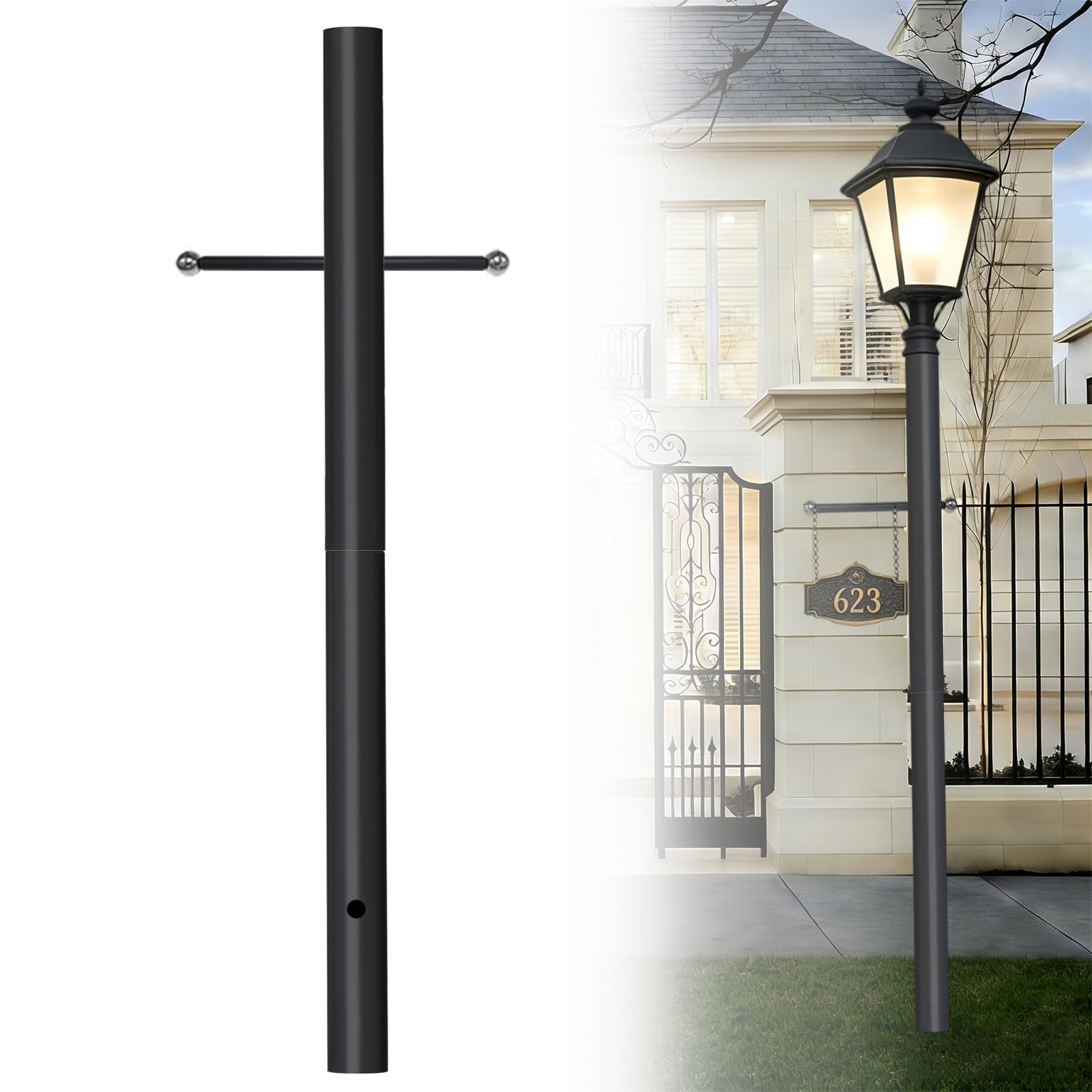 TRAYIU Outdoor Light Post & Cross Arm, Heavy-Duty Accessory for Post Lanterns and Landscape Fixtures (3 W x 80 H), Direct Burial