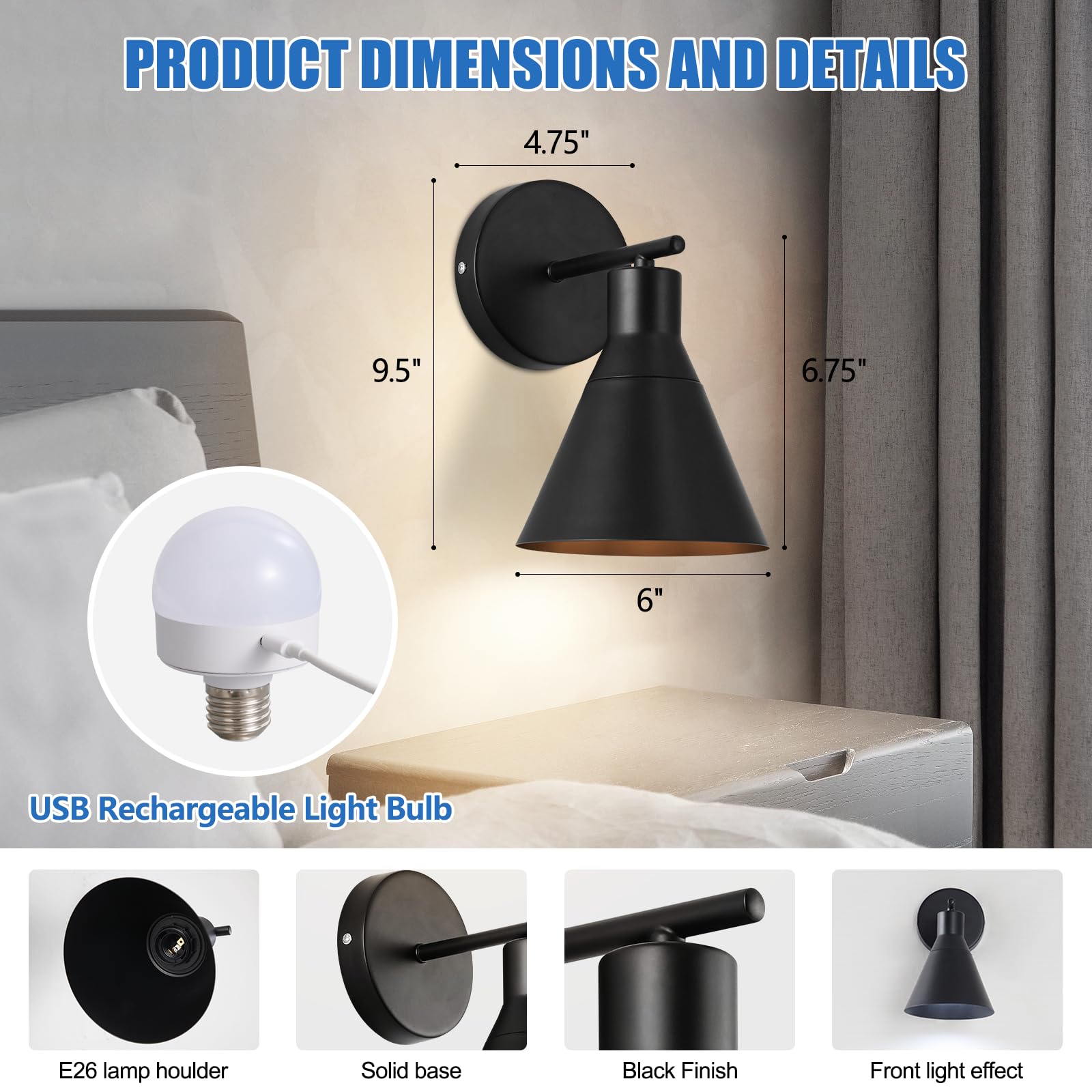 Hojoyri Modern Wireless Battery Operated Wall Sconces, Black Rechargeable Cordless Led Wall Lights Set Of Two, Dimmable Battery Powered Wall Decor Lamp Fixture With Remote Control For Bedroom Indoor