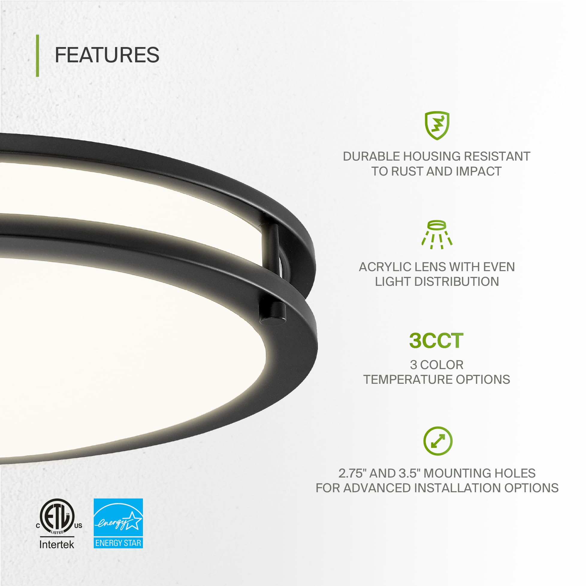 ASD LED Flush Mount Light Fixture, 21W 1700LM, 3000K-5000K, Dimmable, 14 Inch, Black, Model A-LFMDR-