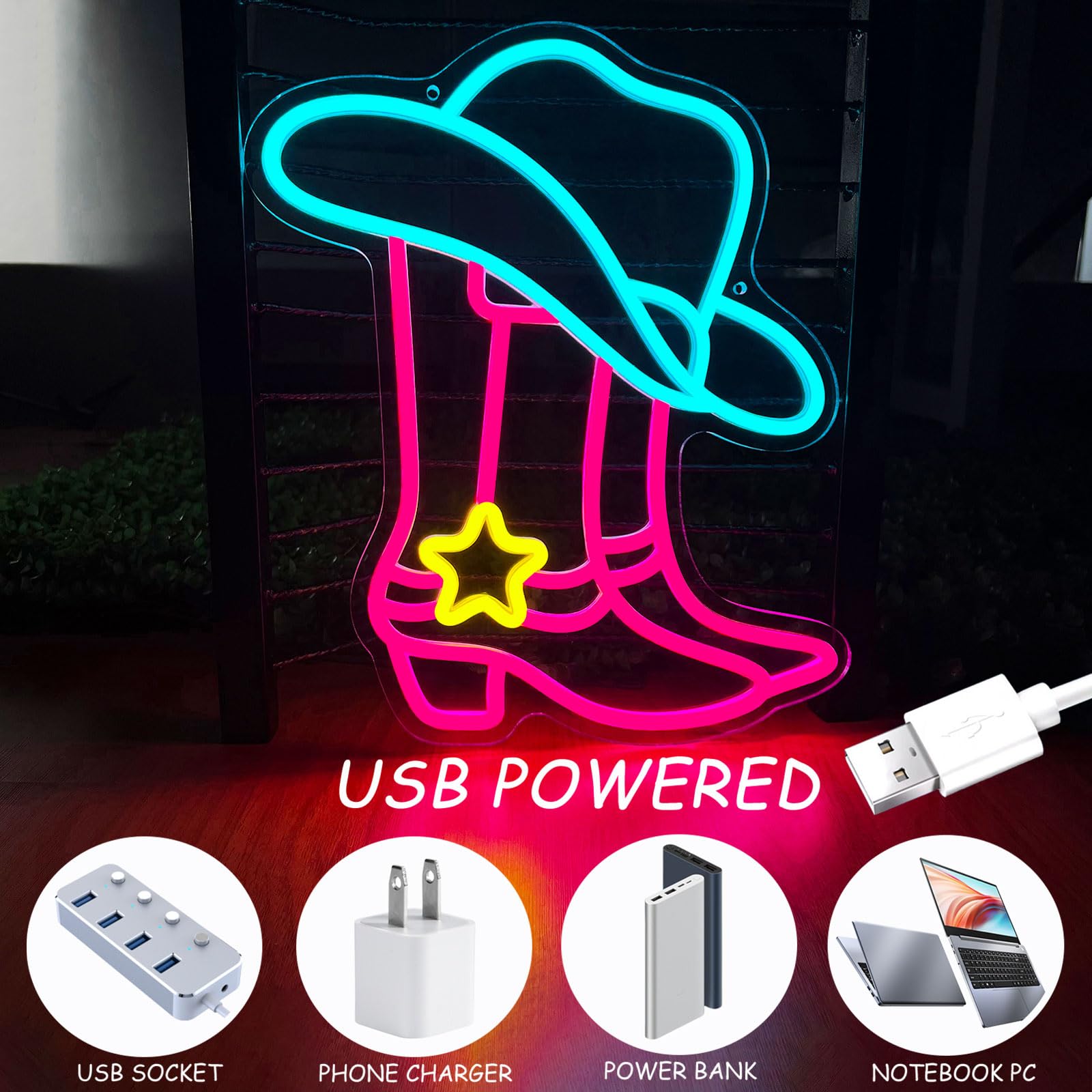 Nen Sign Cowboy Boot Neon Light, USB Powered LED Sign for Wall Decor, Pink Western Cowgirl Design