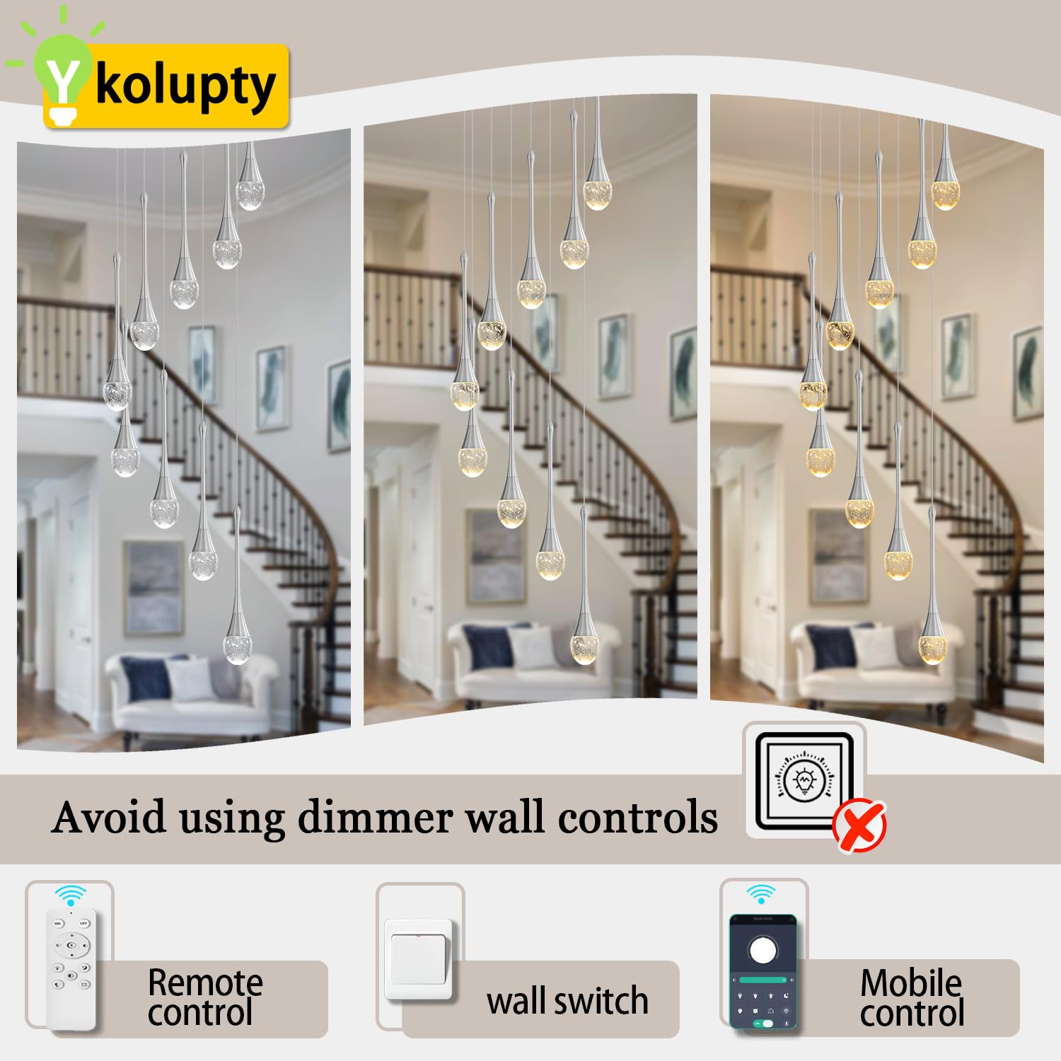 ykolupty Modern 9-Lights Silver Chandelier - Dimmable LED, High Ceiling Crystal Fixture