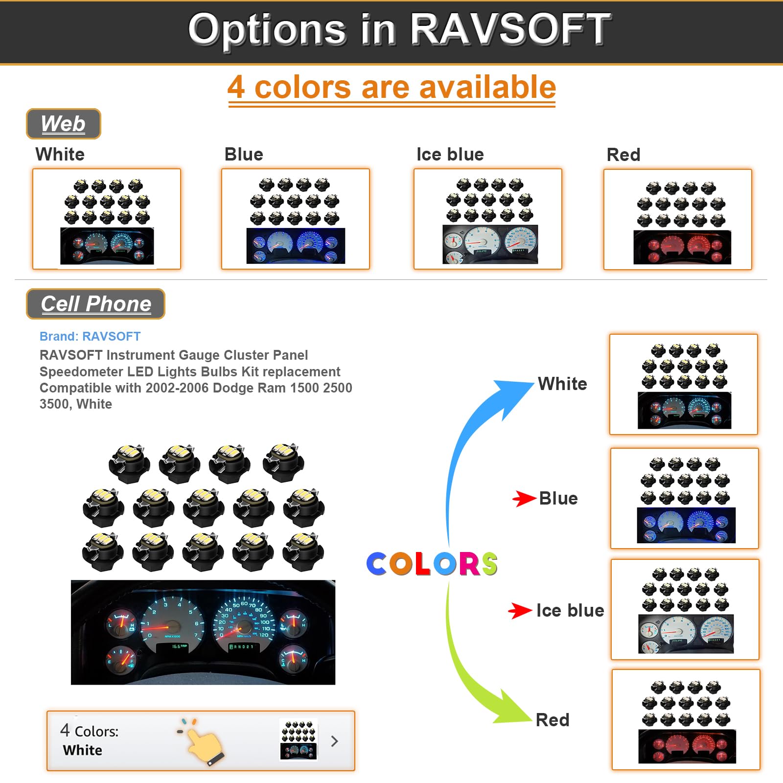 RAVSOFT Speedometer LED Bulbs Kit for 2002-2006 Dodge Ram 1500 2500 3500, Ice Blue, Pack of 14, Model RS457