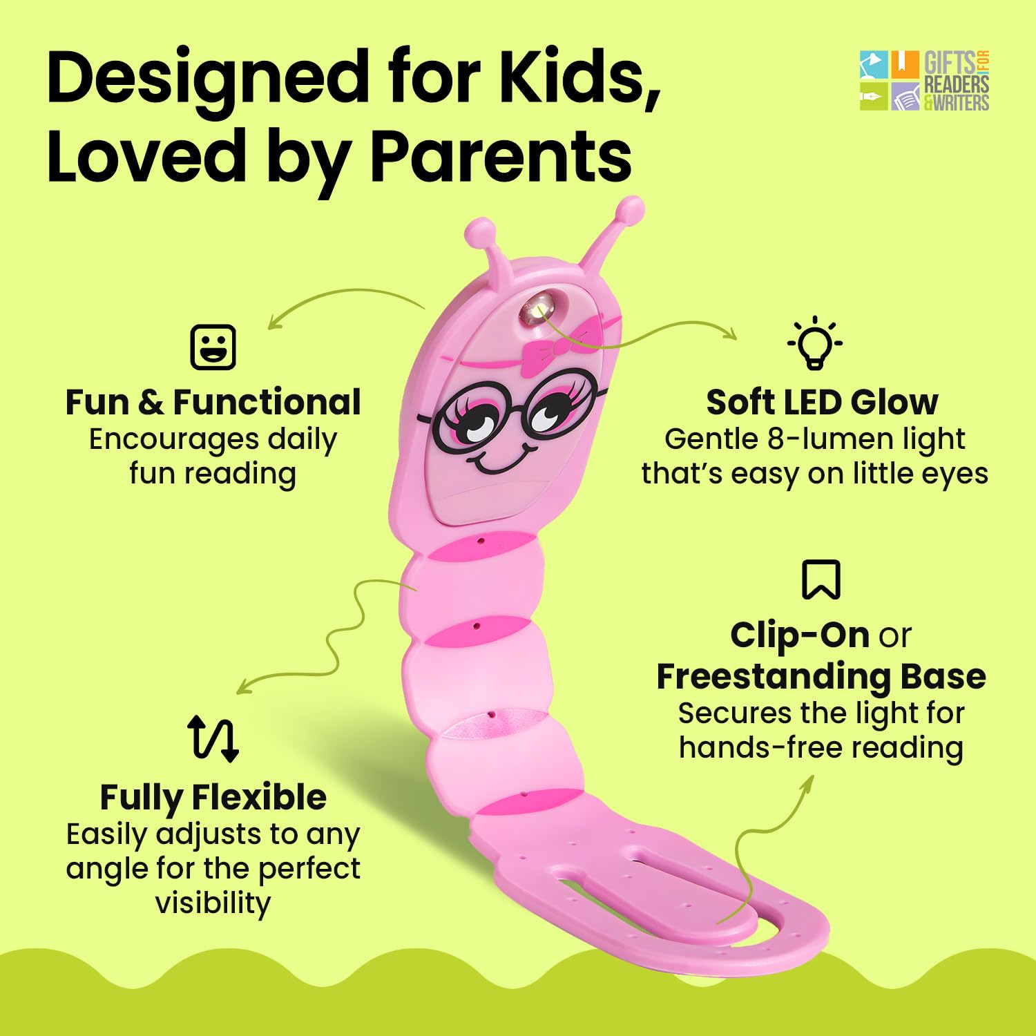 Gifts for Readers & Writers Bookmark Reading Light Bookworm Pink - 2in1 Clip On Bookmark Kids Light for Reading in Bed, Travel C