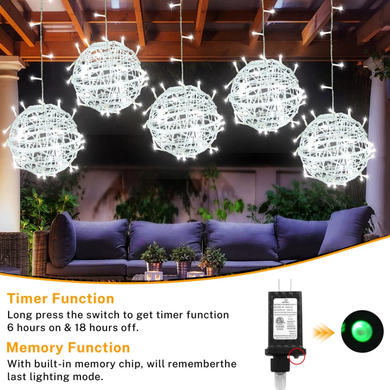 Outdoor Christmas Balls Lights 4 Pack Hanging 11.8&quot; Led Garden Sphere Tree Lights 8 Modes Waterproof String Lights With Memory Timer Plug For Party Yard Porch Eave Patio Home Decoration-Cool White