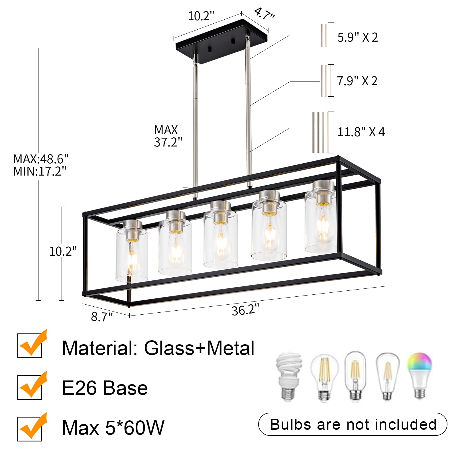 Hccz 5-Light Modern Farmhouse Chandelier, Black & Brushed Nickel Pendant Light For Dining Room