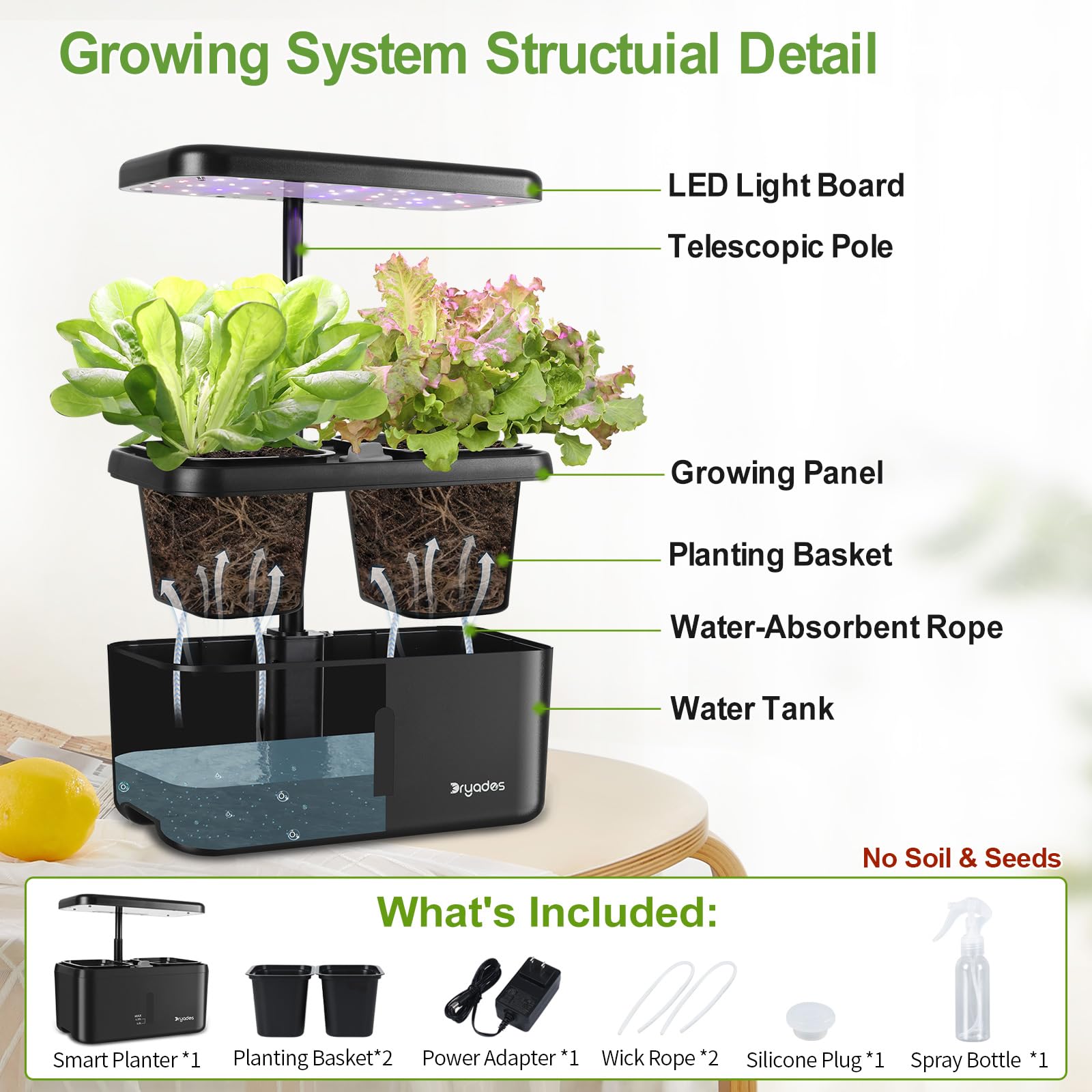 DRYADES Indoor Garden System - 19W LED Grow Light, Self-Watering Pots, Medium Size, Black - Great Gardening Gift for Mom, Ideal for Herbs & Vegetables