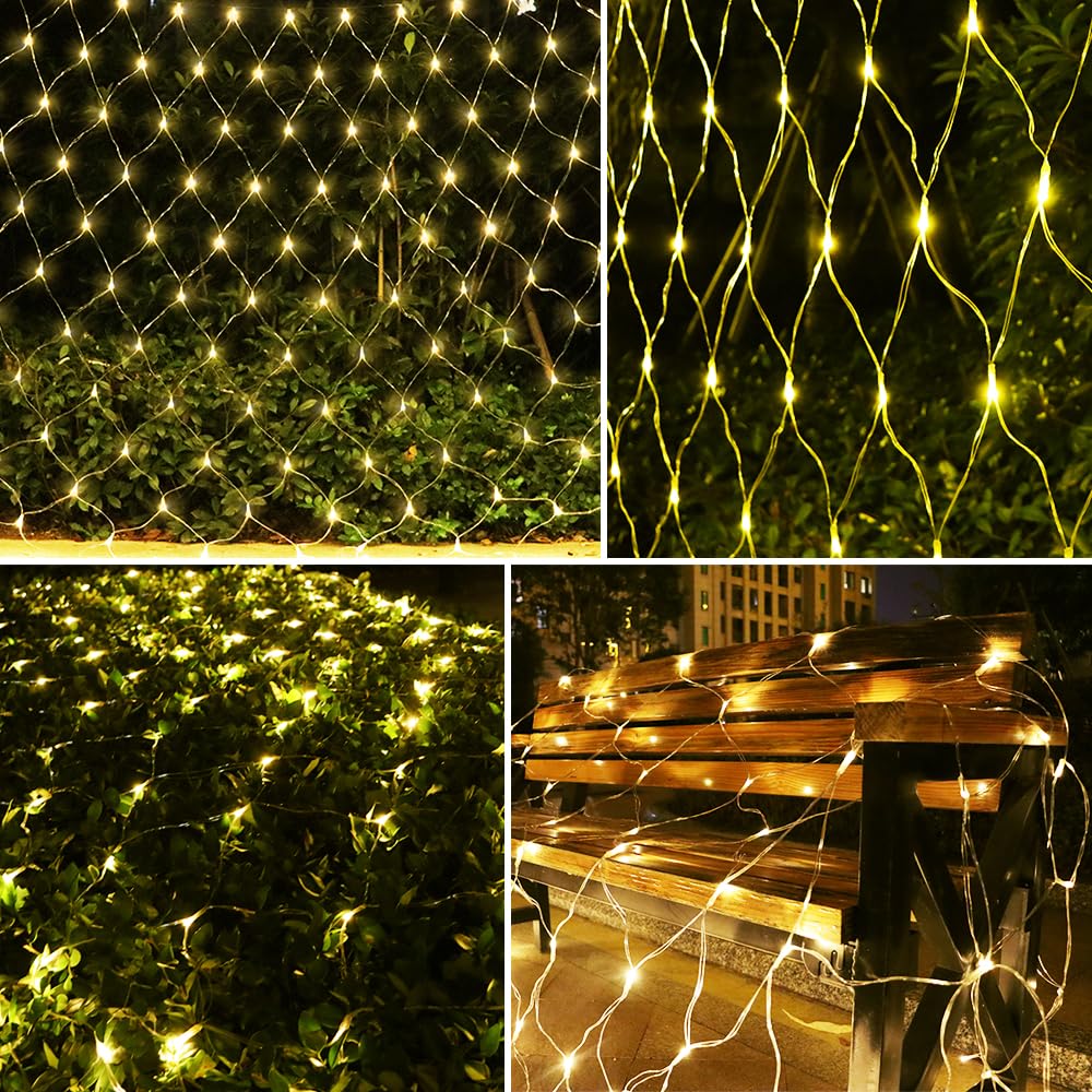 Net Light Outdoor Mesh Christmas Decorations  100Led String Light Plug In Connectable Tree Warp Hanging 5Ft X 5Ft For Halloween  Shrubs  Lawn  Backyard  Walkway  Bushes  Garden Decor-Warm White