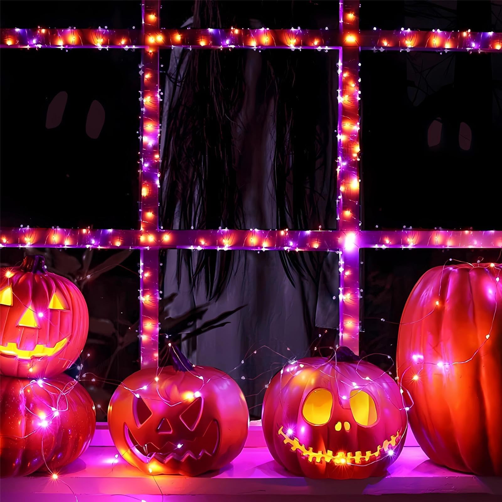 BHCLIGHT 66Ft LED Halloween Fairy Lights, 200 Lights, 8 Modes, Waterproof, Purple&Orange, Black Wire, Model MLS-D4.5V1.35WUC-O