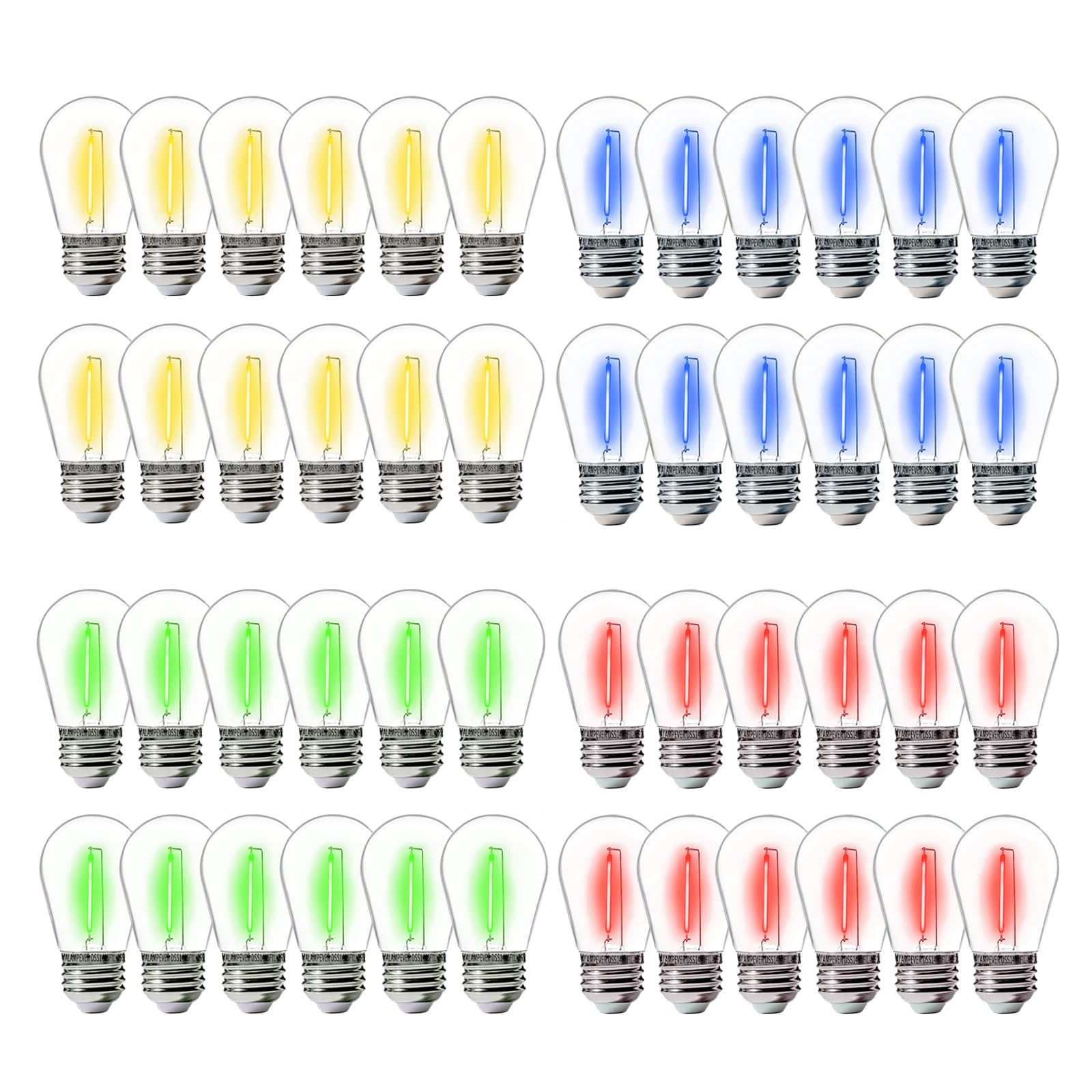 ALAMPEVER Halloween 48-Pack Shatterproof & Waterproof S14 Colored Replacement LED String Light Bulbs, Vintage Style, Red/Green/Blue/Warm White, Outdoor 1W LED Bulb, E26 Medium Base, CRI82