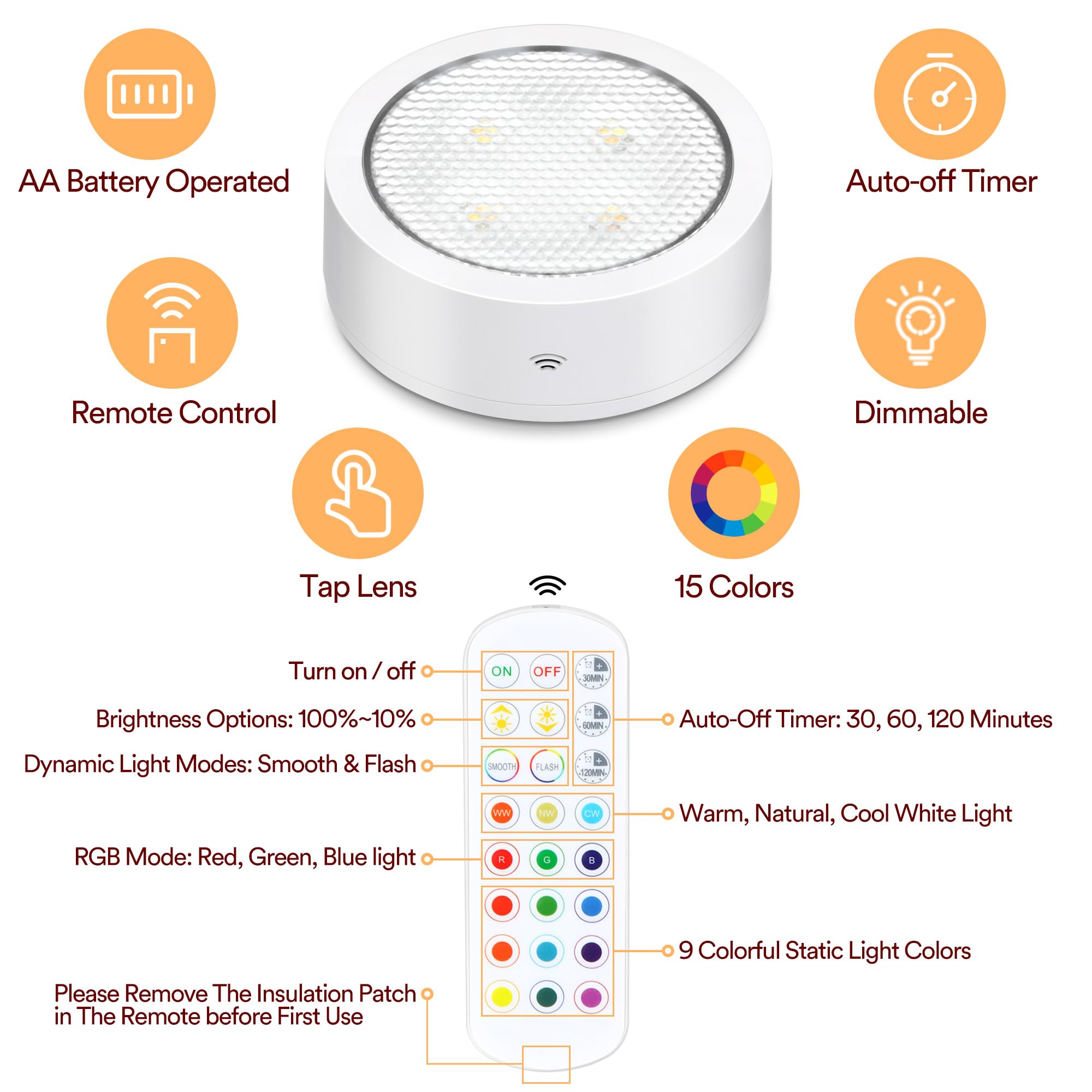 TECOMLIGHT Puck Lights - Wireless LED Under Cabinet Lights, Battery Operated, RGB & Warm White, 5 Pack, White, Model T048