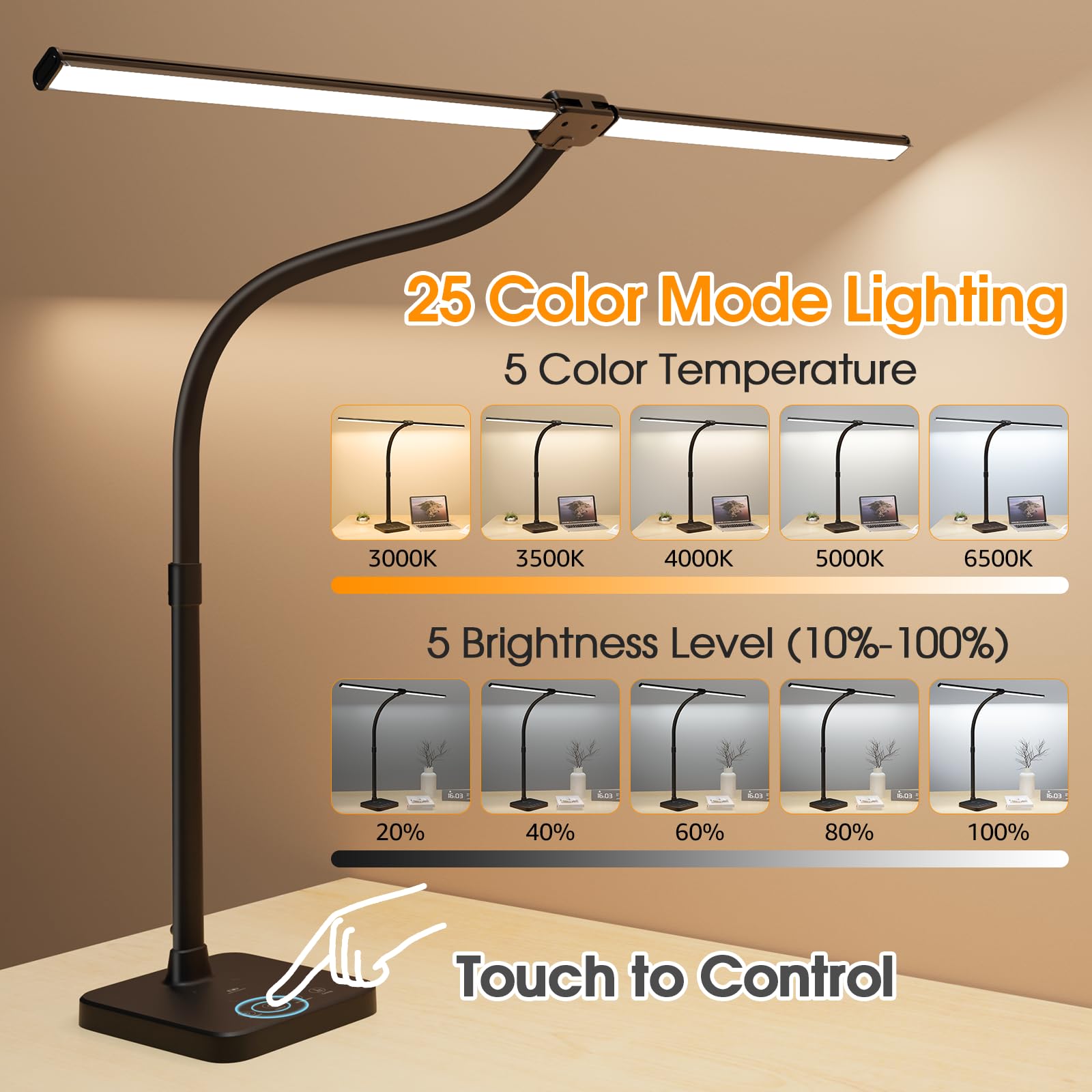 ShineTech LED Desk Lamp, 24W Double Head with Wireless Charging, USB Port, Adjustable Gooseneck, Black, Model U19TT