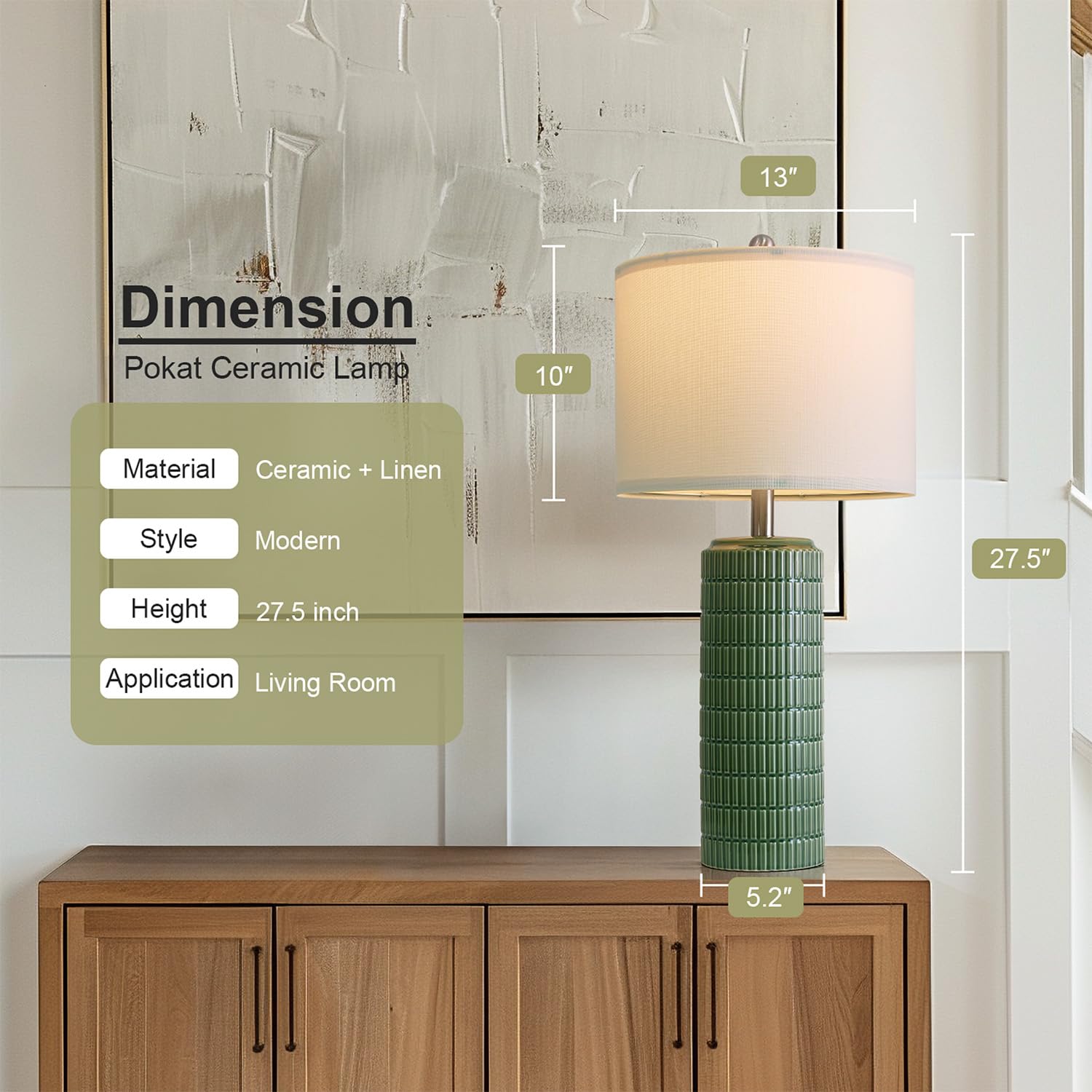 PoKat 27.5" Dark Green Ceramic Table Lamps Set of 2 - Modern Farmhouse Nightstand Decor for Living Room and Bedroom