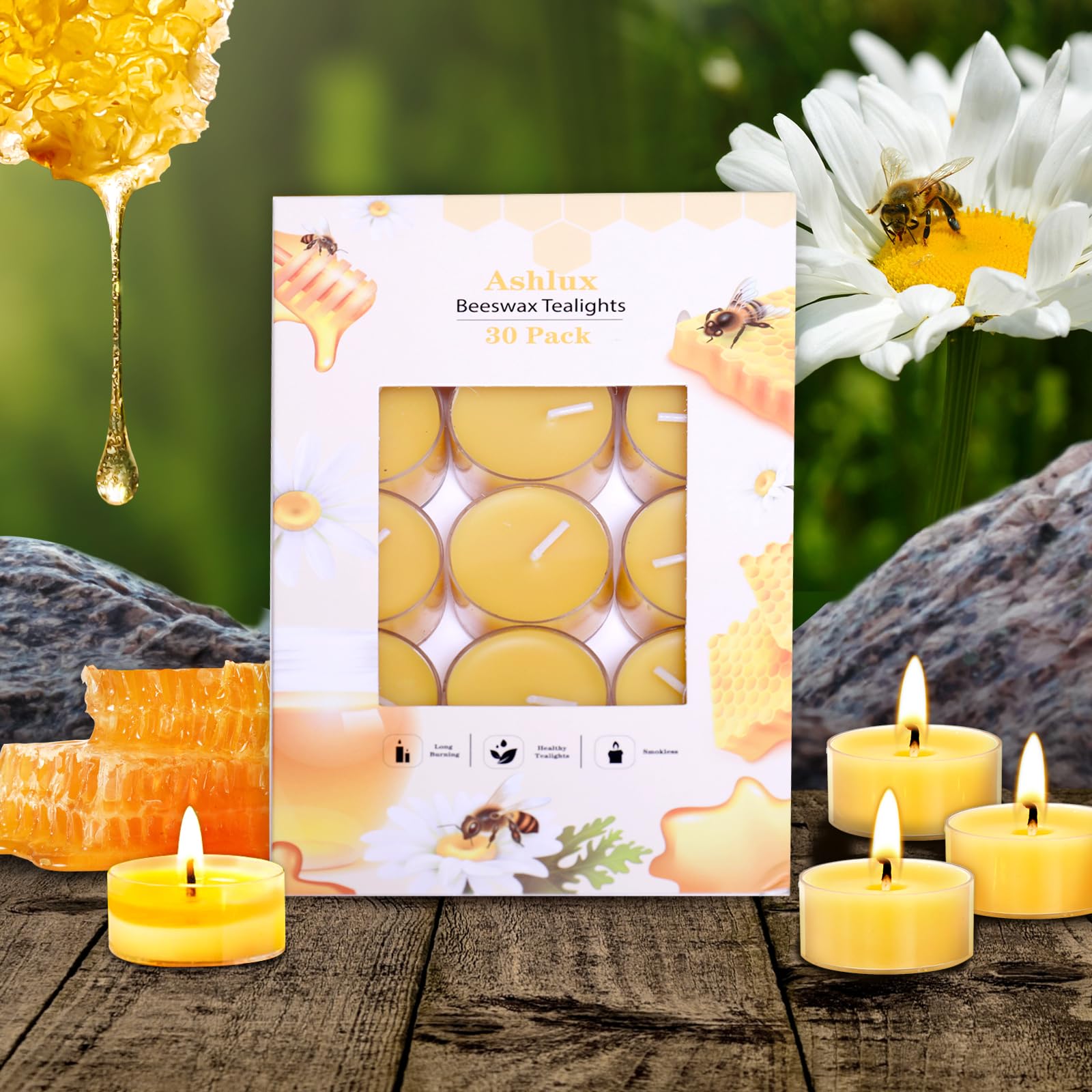 Ashlux Unscented Beeswax Tealight Candles 30 Pack, 4 Hours Long Burning Handmade Yellow Tea Lights Candles, Clear Cup Smokeless Beeswax Candles for Wedding, Party, Centerpiece & Christmas