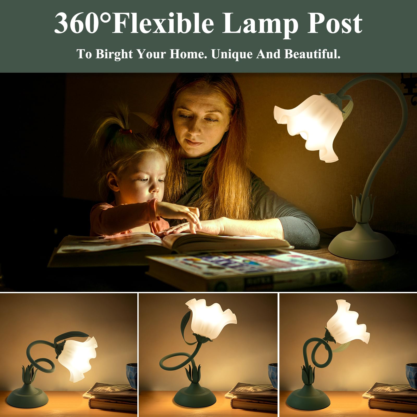 GUIGUZHJ Flower Table Lamp, Vintage 3 Level Brightness, Green White, E26 Bulb, Cute Desk Lamp for Bedroom and Living Room Ambient Lighting