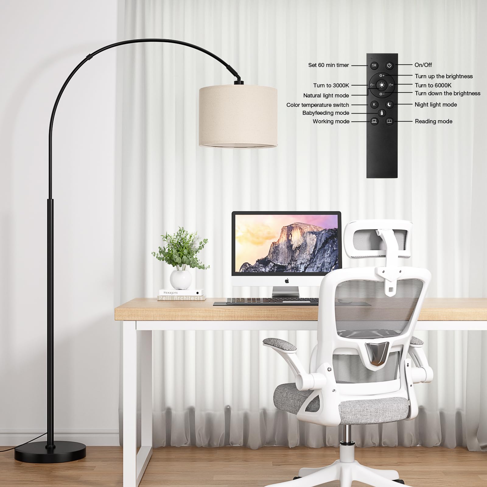 Ambimall 70" Dimmable Arc Floor Lamp with Remote, Adjustable Brightness & Color, Beige and Black Over Couch Reading Light
